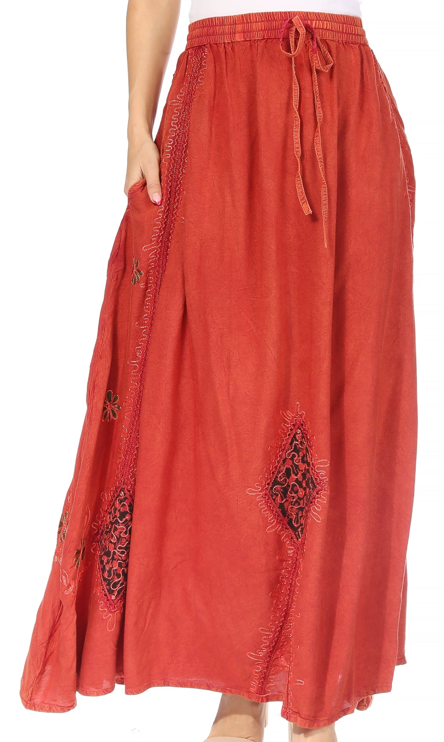 Sakkas Zarah Women's Boho Embroidery Gypsy Skirt with Lace Elastic Waist Pockets - Concordia Style Boutique