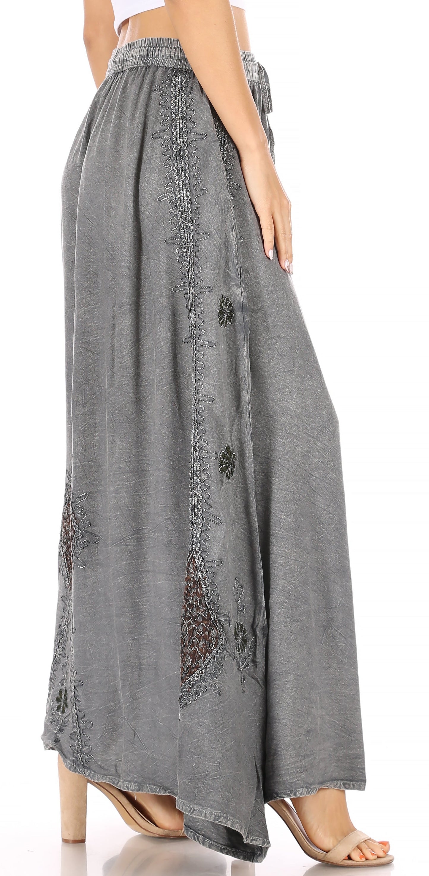 Sakkas Zarah Women's Boho Embroidery Gypsy Skirt with Lace Elastic Waist Pockets - Concordia Style Boutique