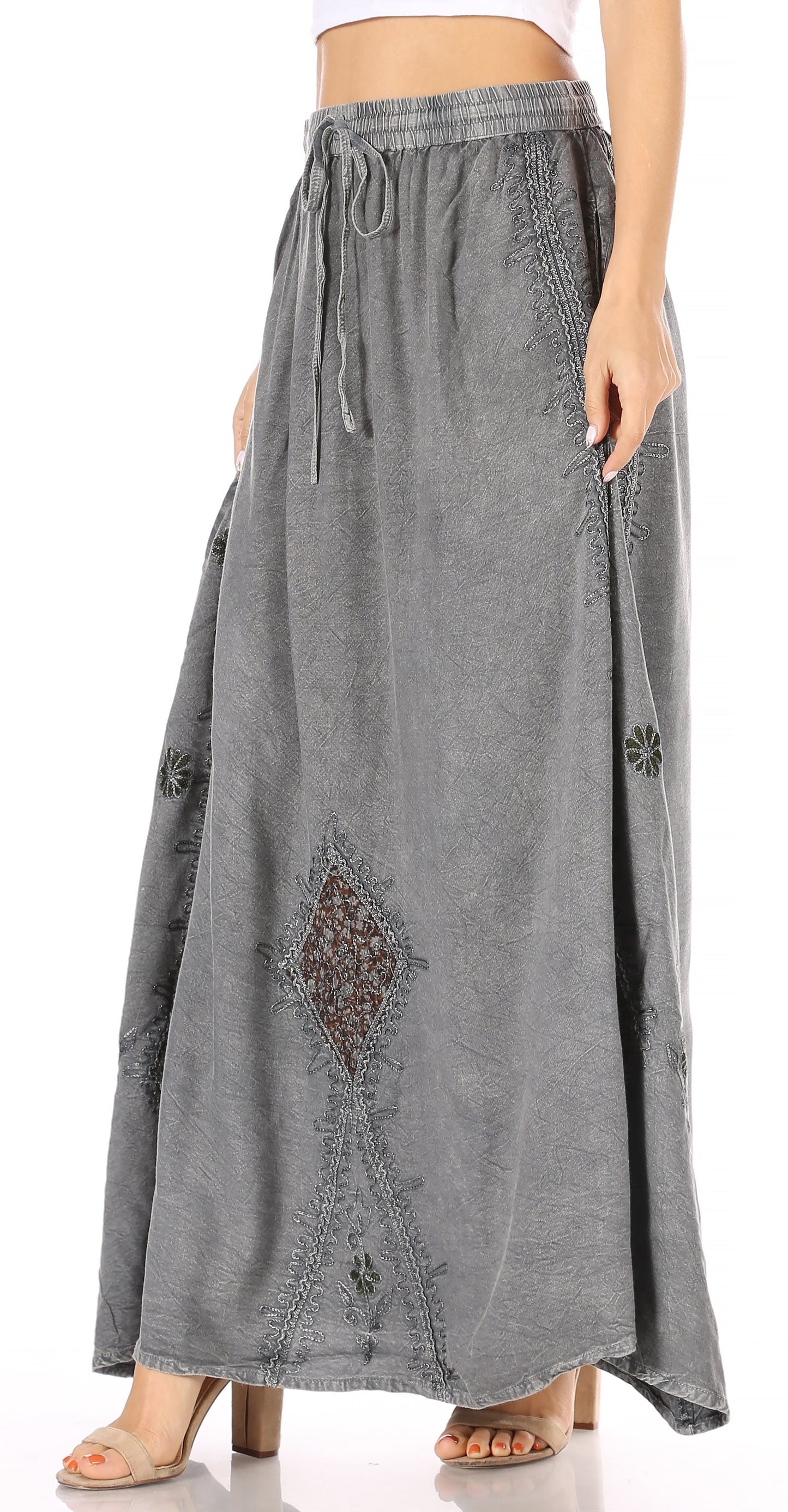 Sakkas Zarah Women's Boho Embroidery Gypsy Skirt with Lace Elastic Waist Pockets - Concordia Style Boutique