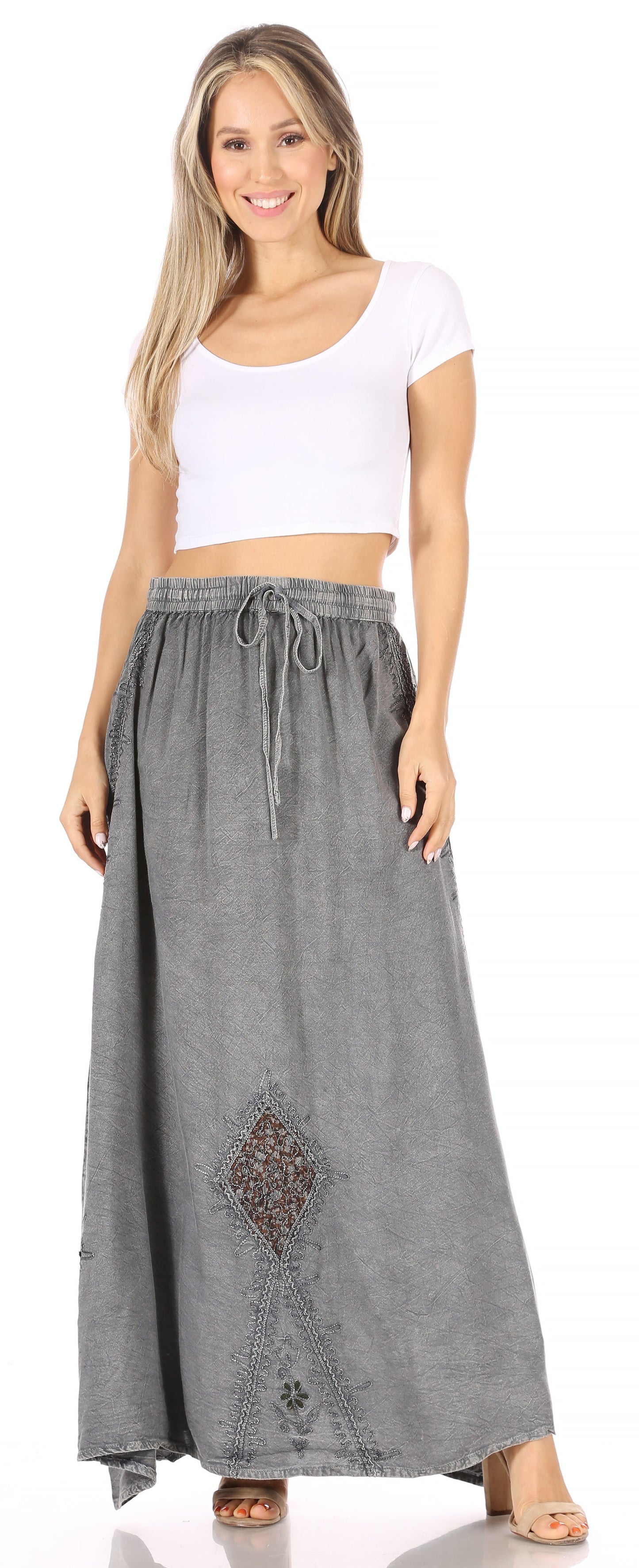 Sakkas Zarah Women's Boho Embroidery Gypsy Skirt with Lace Elastic Waist Pockets - Concordia Style Boutique