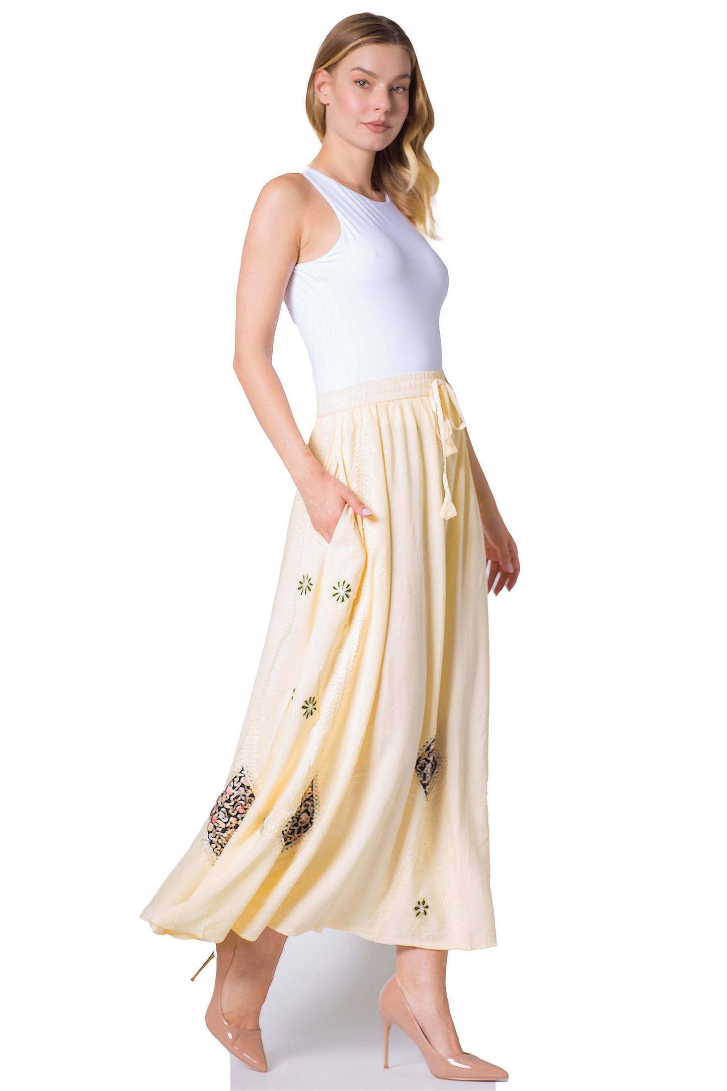 Sakkas Zarah Women's Boho Embroidery Gypsy Skirt with Lace Elastic Waist Pockets - Concordia Style Boutique
