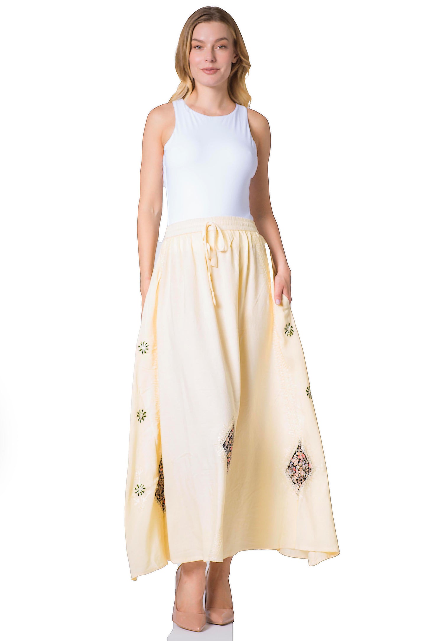 Sakkas Zarah Women's Boho Embroidery Gypsy Skirt with Lace Elastic Waist Pockets - Concordia Style Boutique