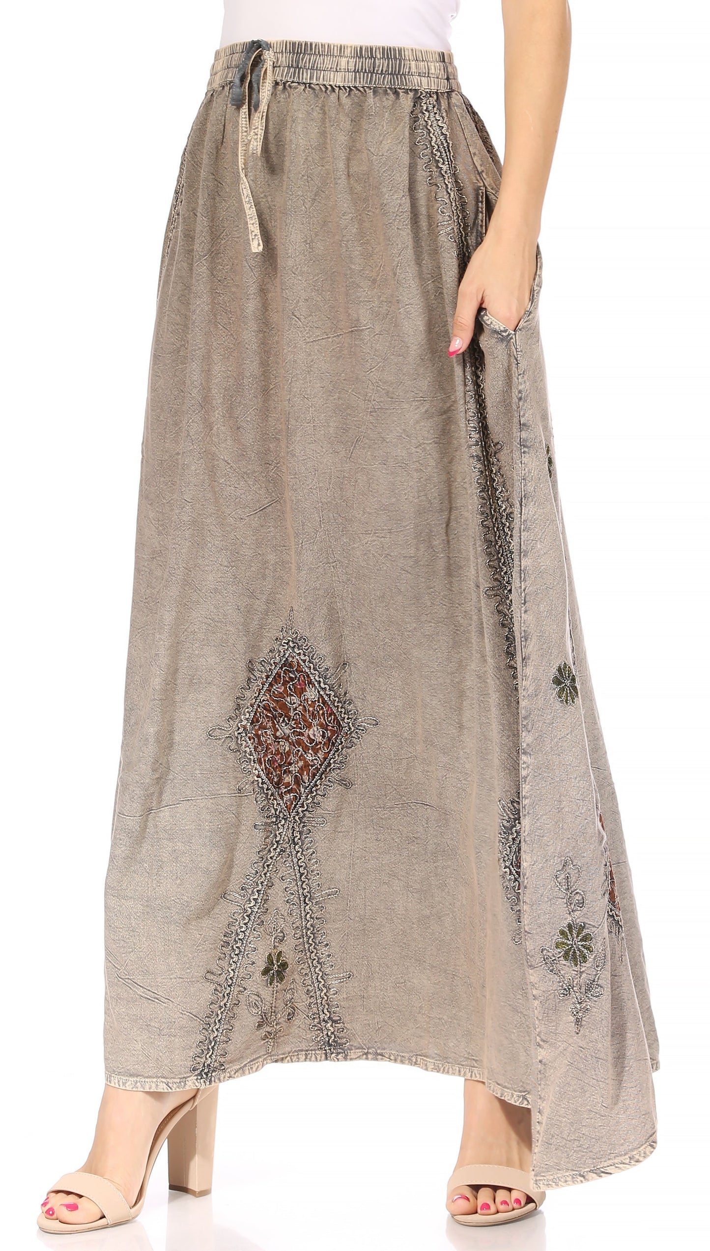 Sakkas Zarah Women's Boho Embroidery Gypsy Skirt with Lace Elastic Waist Pockets - Concordia Style Boutique