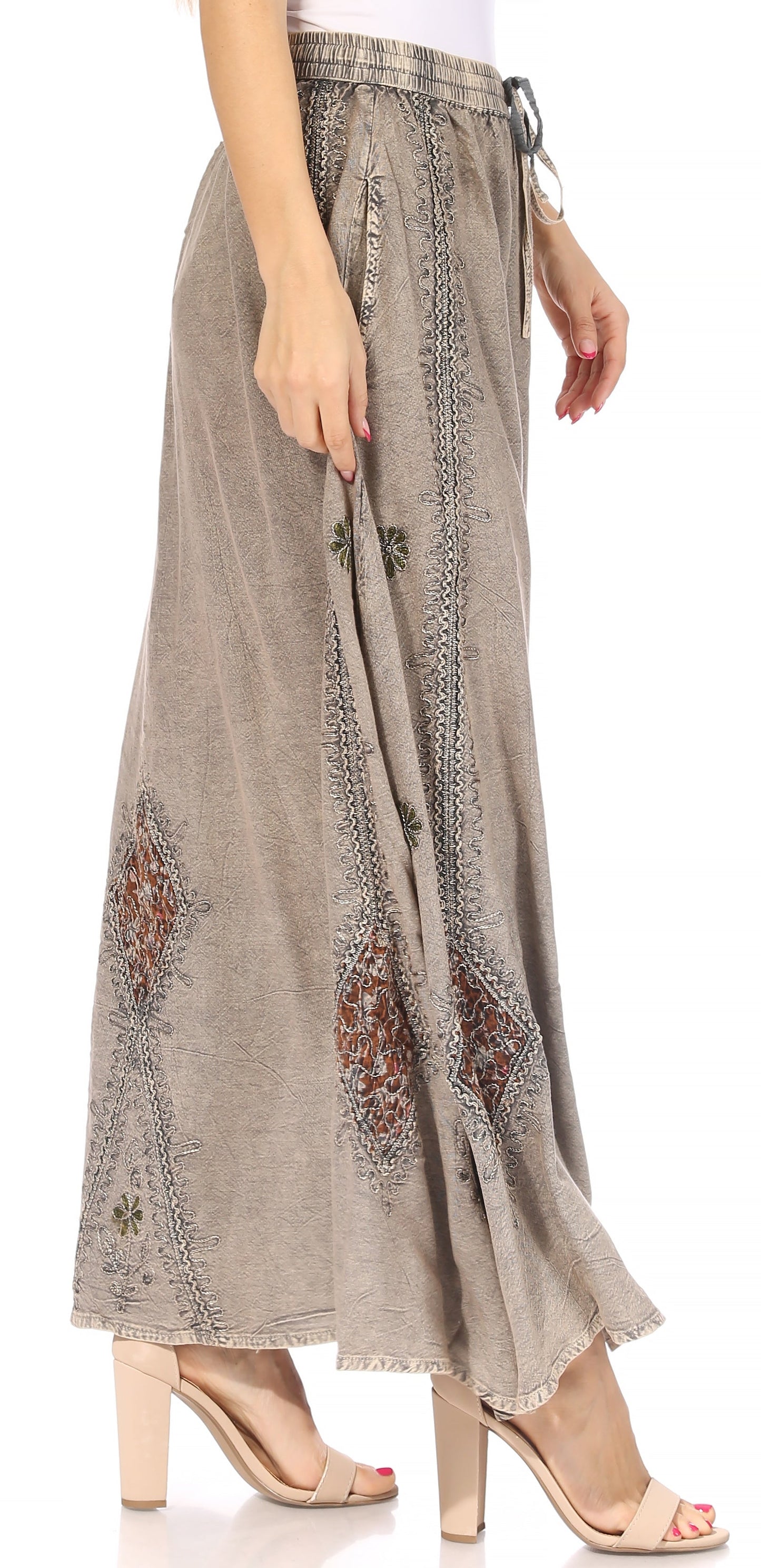 Sakkas Zarah Women's Boho Embroidery Gypsy Skirt with Lace Elastic Waist Pockets - Concordia Style Boutique