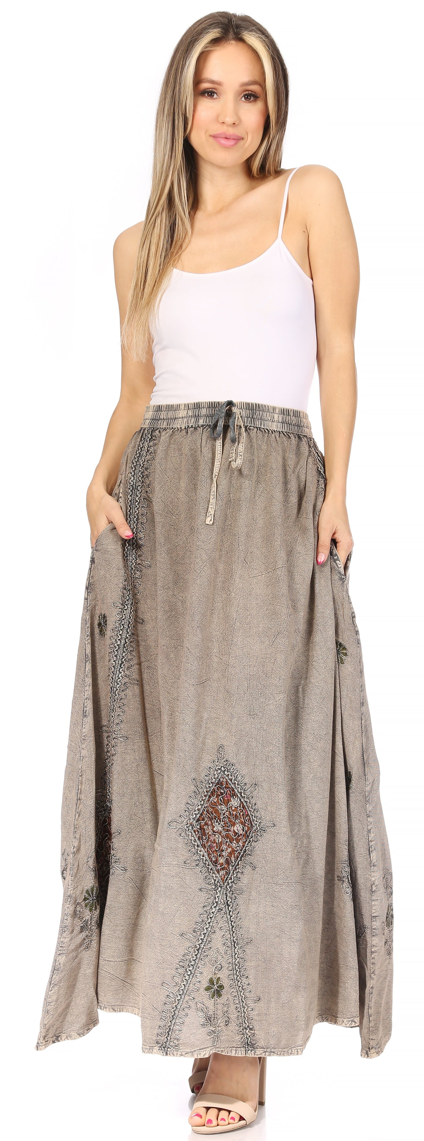 Sakkas Zarah Women's Boho Embroidery Gypsy Skirt with Lace Elastic Waist Pockets - Concordia Style Boutique