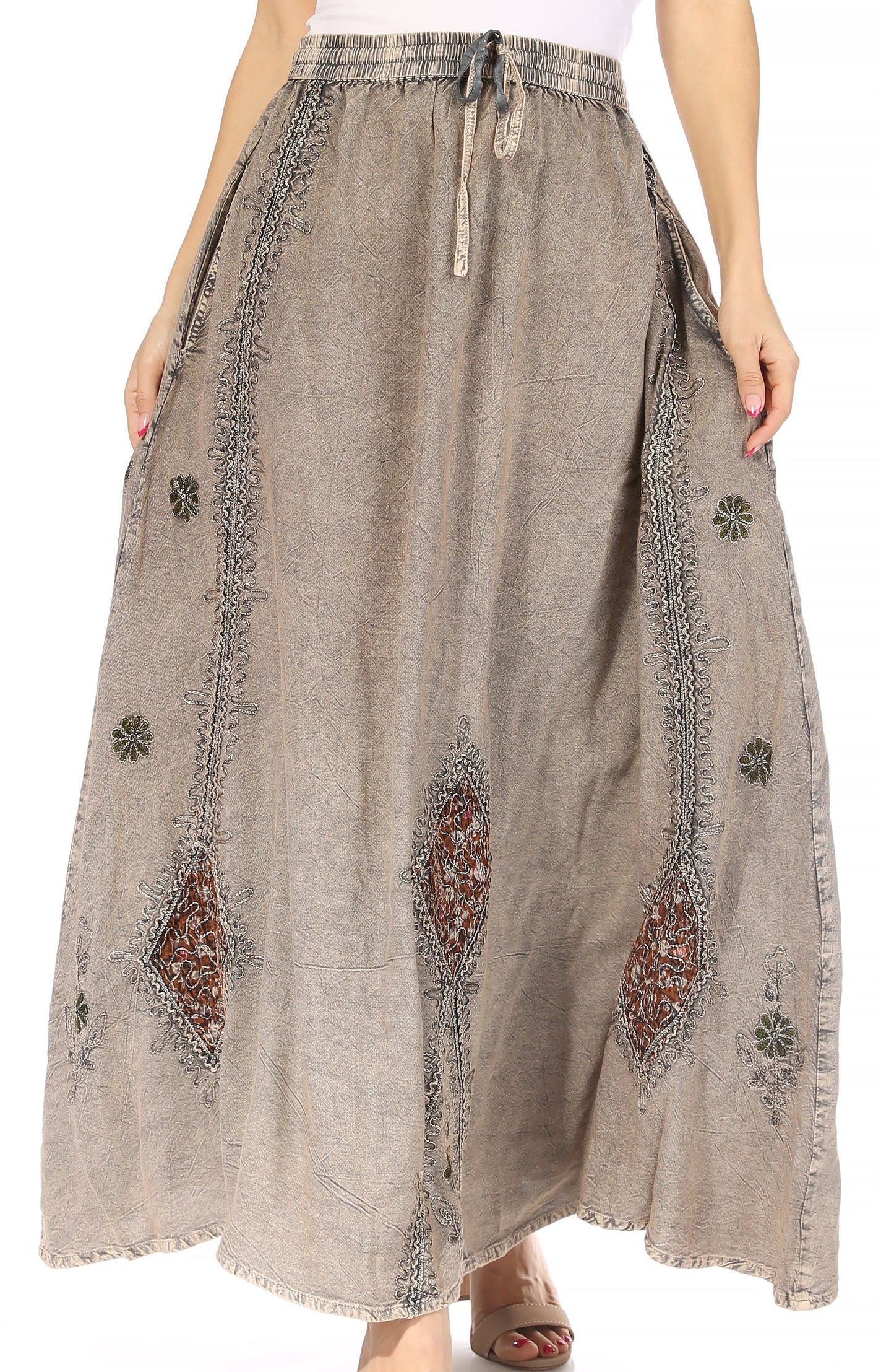 Sakkas Zarah Women's Boho Embroidery Gypsy Skirt with Lace Elastic Waist Pockets - Concordia Style Boutique