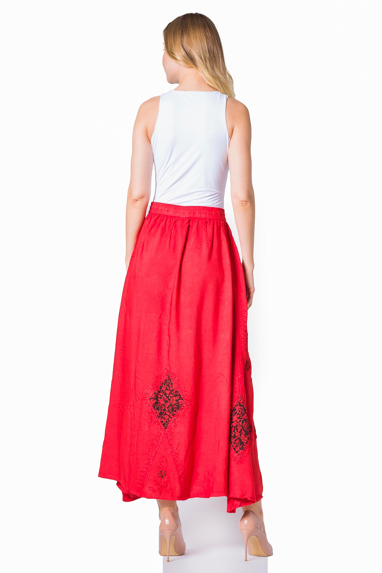 Sakkas Zarah Women's Boho Embroidery Gypsy Skirt with Lace Elastic Waist Pockets - Concordia Style Boutique