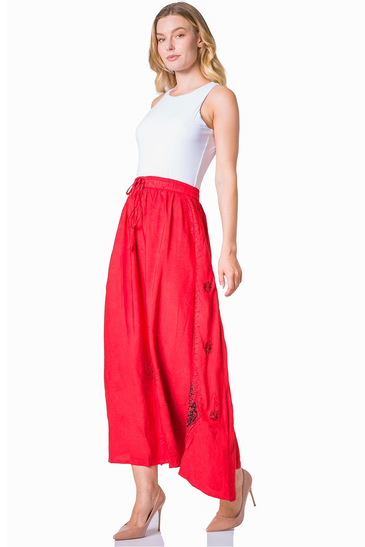 Sakkas Zarah Women's Boho Embroidery Gypsy Skirt with Lace Elastic Waist Pockets - Concordia Style Boutique
