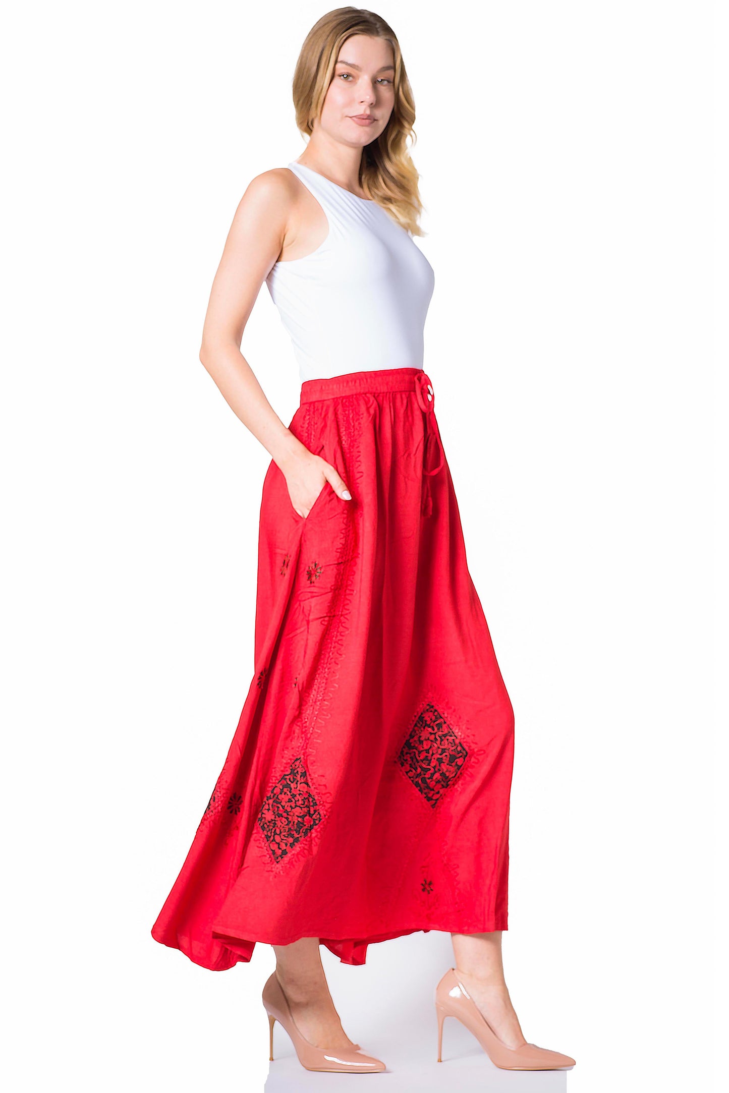Sakkas Zarah Women's Boho Embroidery Gypsy Skirt with Lace Elastic Waist Pockets - Concordia Style Boutique
