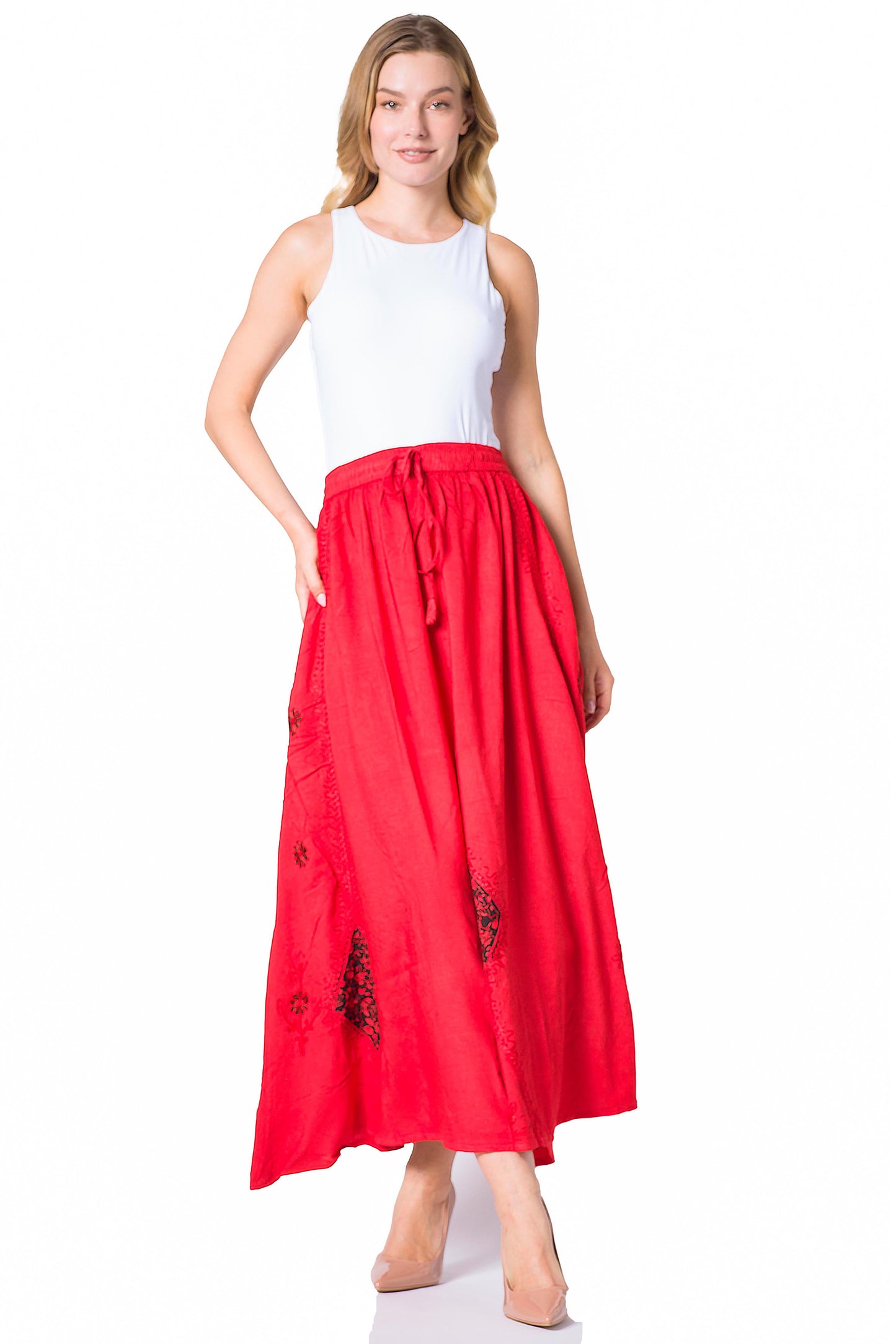 Sakkas Zarah Women's Boho Embroidery Gypsy Skirt with Lace Elastic Waist Pockets - Concordia Style Boutique
