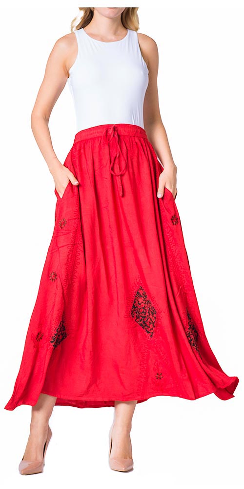 Sakkas Zarah Women's Boho Embroidery Gypsy Skirt with Lace Elastic Waist Pockets - Concordia Style Boutique