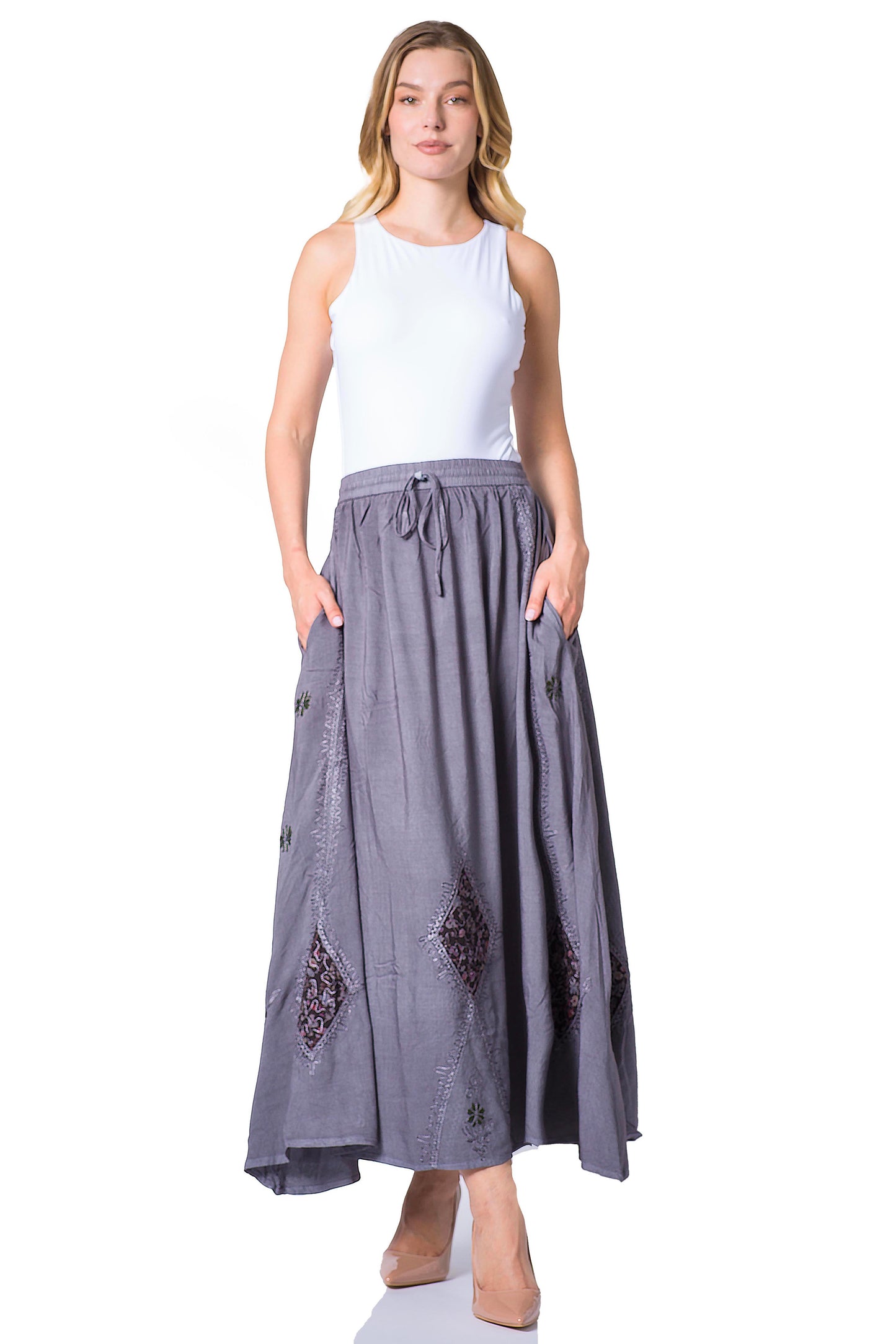 Sakkas Zarah Women's Boho Embroidery Gypsy Skirt with Lace Elastic Waist Pockets - Concordia Style Boutique