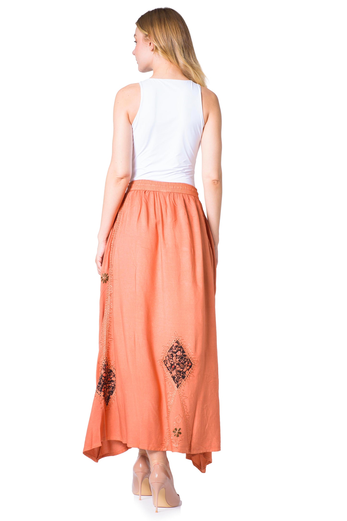 Sakkas Zarah Women's Boho Embroidery Gypsy Skirt with Lace Elastic Waist Pockets - Concordia Style Boutique
