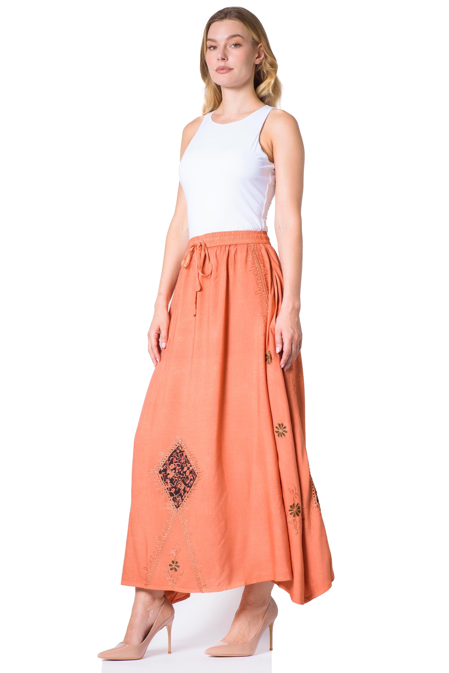 Sakkas Zarah Women's Boho Embroidery Gypsy Skirt with Lace Elastic Waist Pockets - Concordia Style Boutique