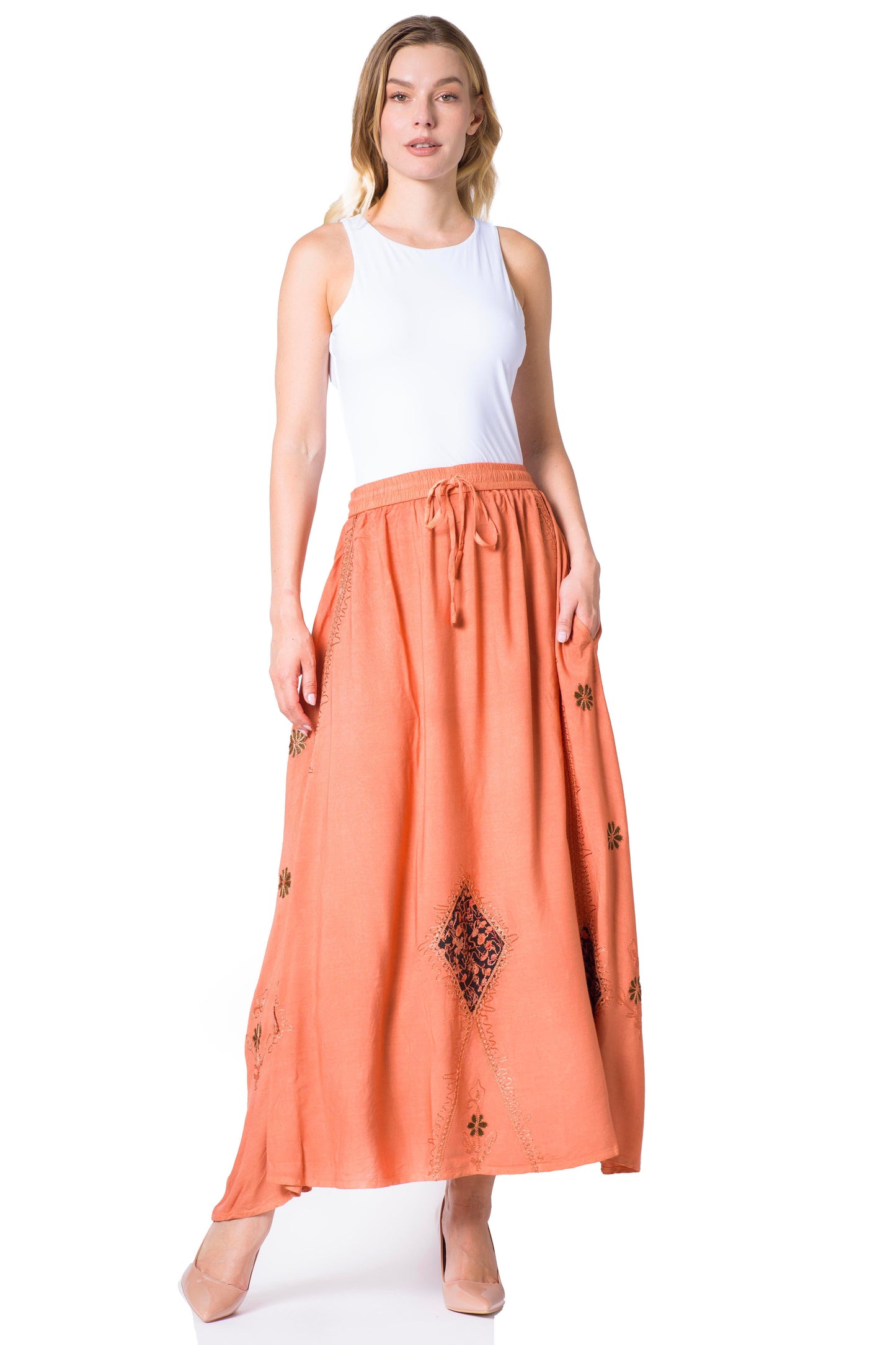 Sakkas Zarah Women's Boho Embroidery Gypsy Skirt with Lace Elastic Waist Pockets - Concordia Style Boutique