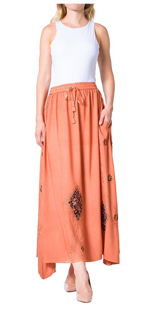 Sakkas Zarah Women's Boho Embroidery Gypsy Skirt with Lace Elastic Waist Pockets - Concordia Style Boutique