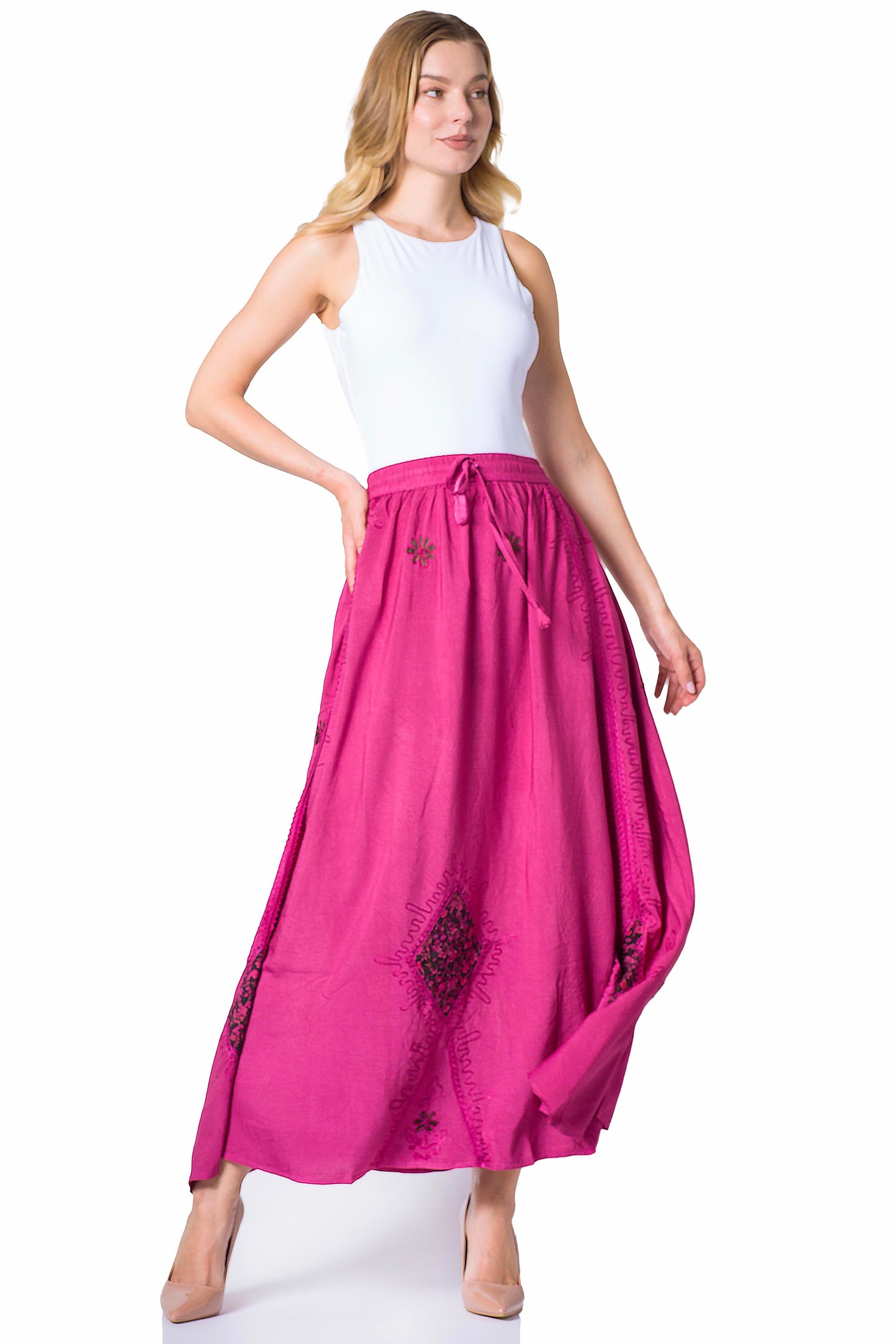 Sakkas Zarah Women's Boho Embroidery Gypsy Skirt with Lace Elastic Waist Pockets - Concordia Style Boutique