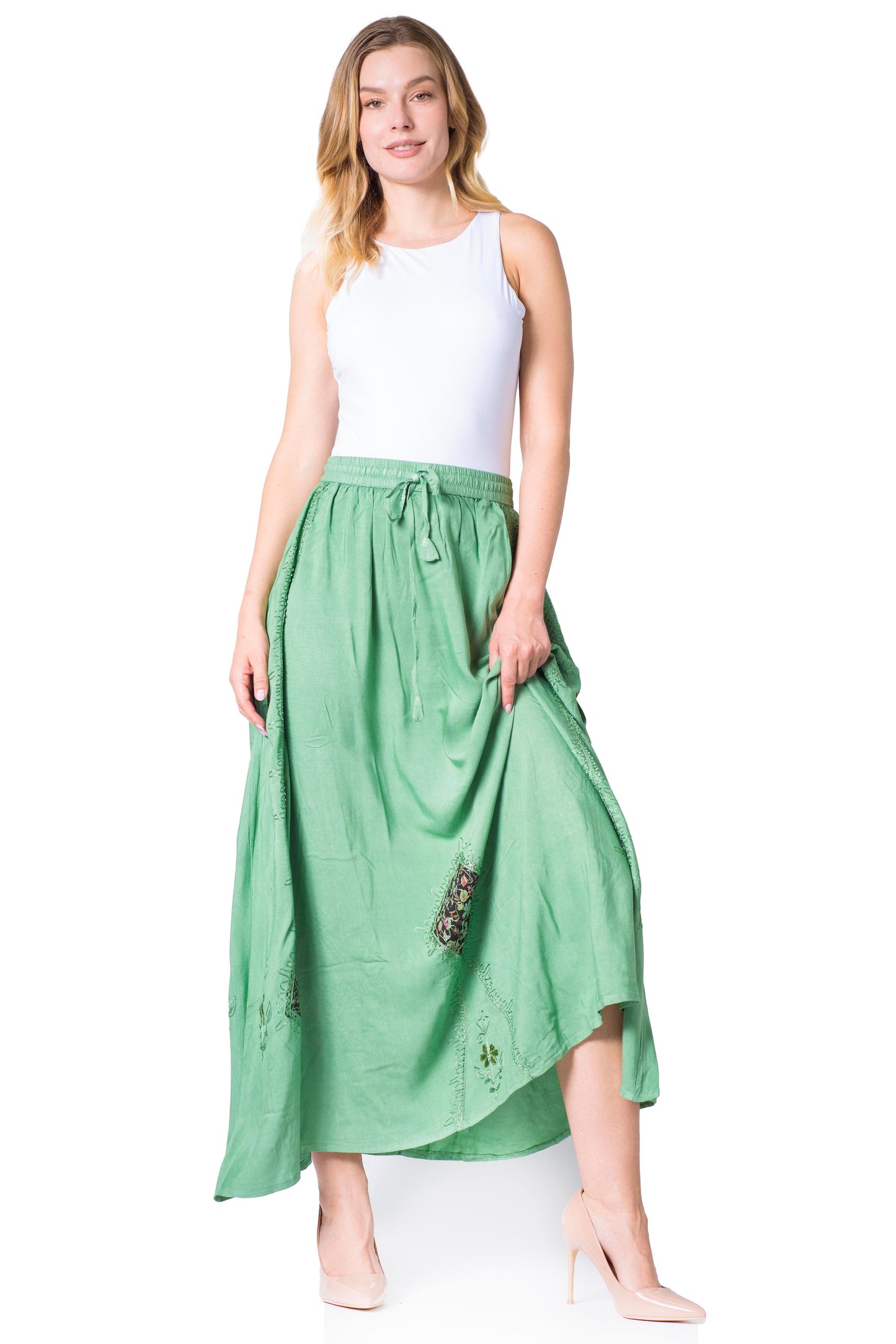 Sakkas Zarah Women's Boho Embroidery Gypsy Skirt with Lace Elastic Waist Pockets - Concordia Style Boutique