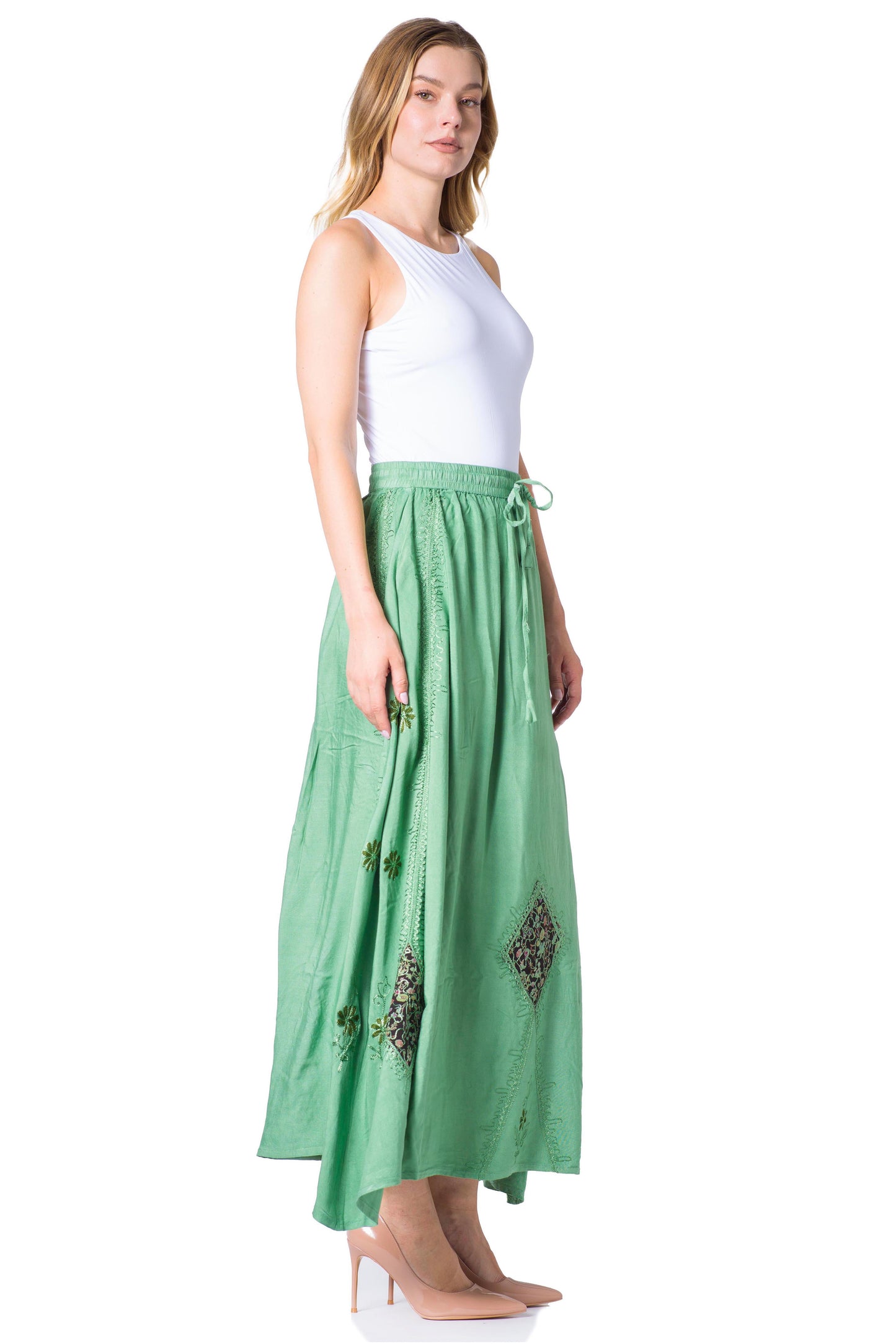 Sakkas Zarah Women's Boho Embroidery Gypsy Skirt with Lace Elastic Waist Pockets - Concordia Style Boutique