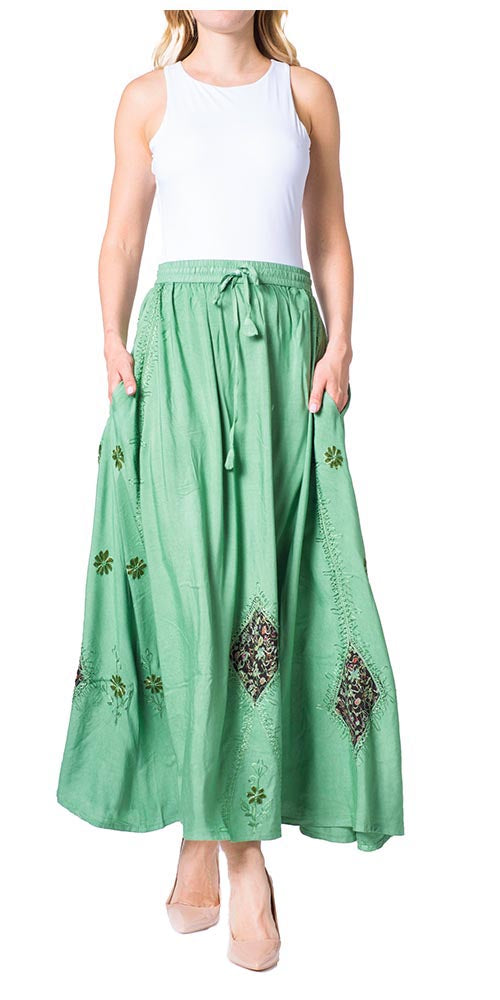 Sakkas Zarah Women's Boho Embroidery Gypsy Skirt with Lace Elastic Waist Pockets - Concordia Style Boutique