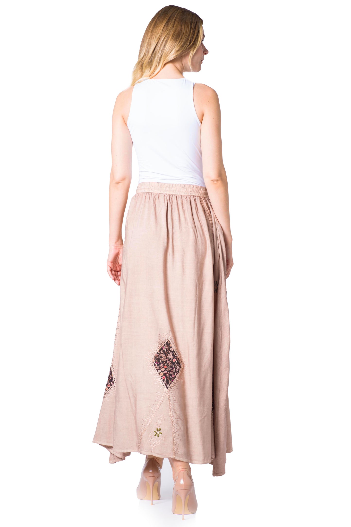 Sakkas Zarah Women's Boho Embroidery Gypsy Skirt with Lace Elastic Waist Pockets - Concordia Style Boutique