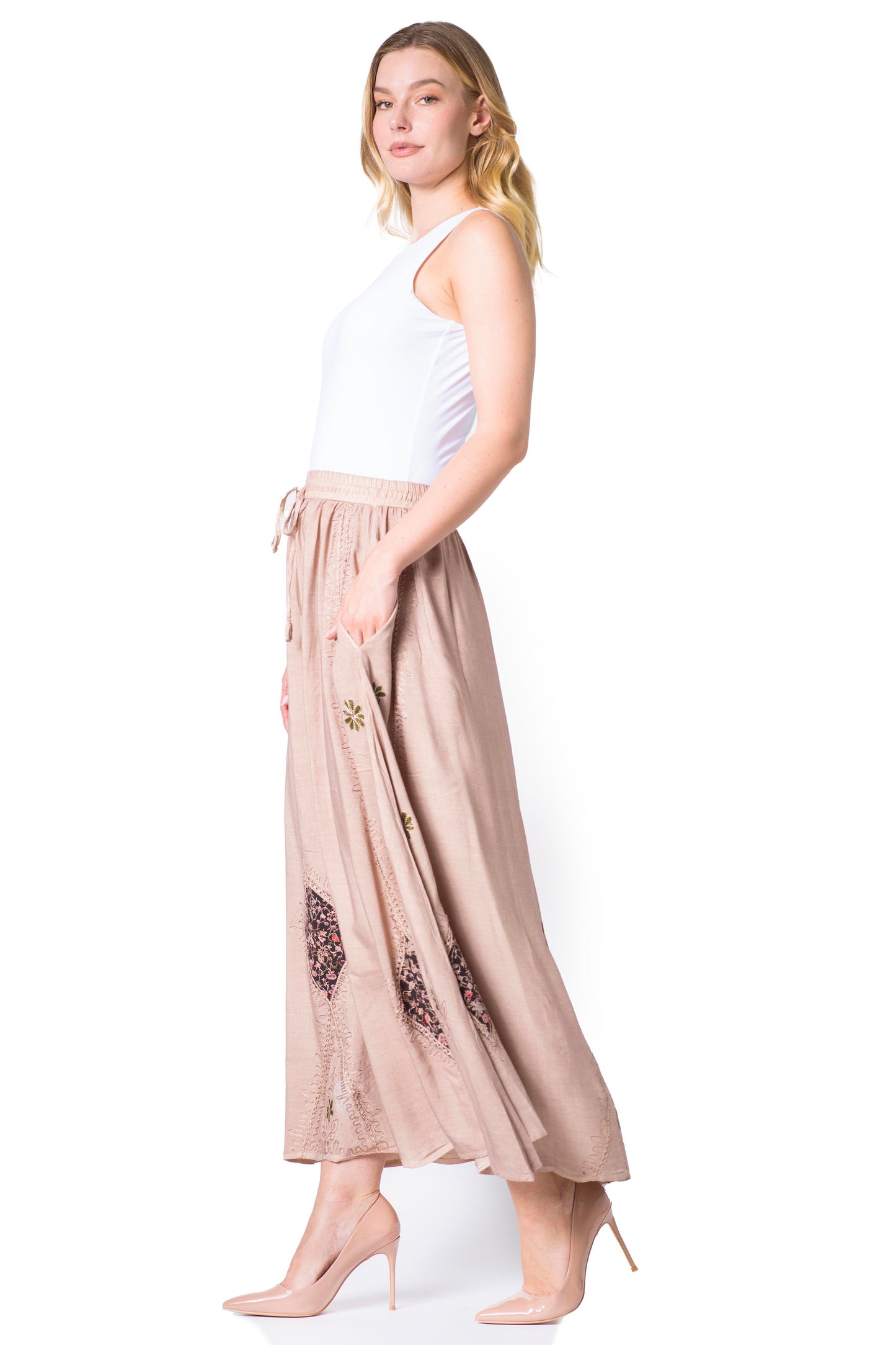 Sakkas Zarah Women's Boho Embroidery Gypsy Skirt with Lace Elastic Waist Pockets - Concordia Style Boutique