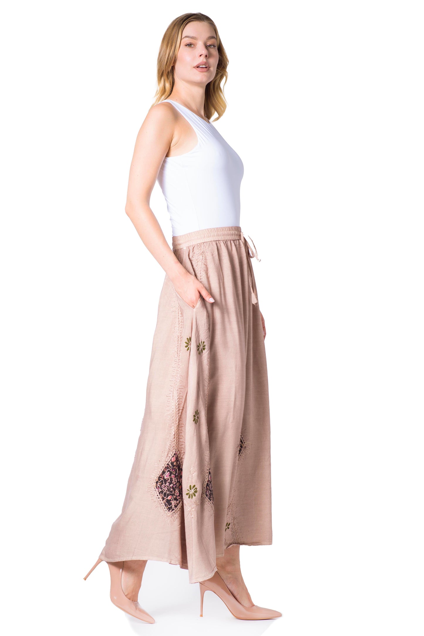 Sakkas Zarah Women's Boho Embroidery Gypsy Skirt with Lace Elastic Waist Pockets - Concordia Style Boutique