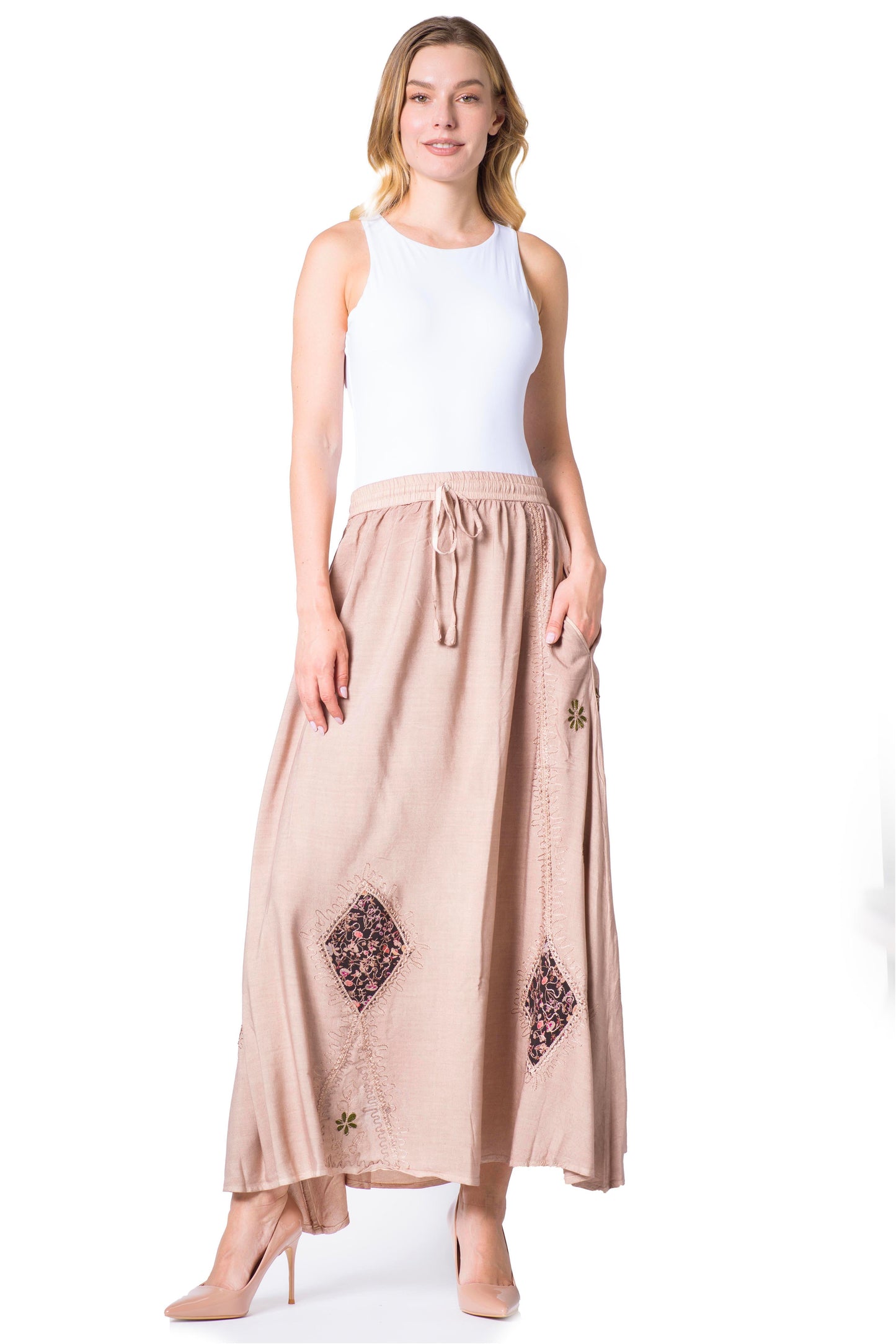 Sakkas Zarah Women's Boho Embroidery Gypsy Skirt with Lace Elastic Waist Pockets - Concordia Style Boutique