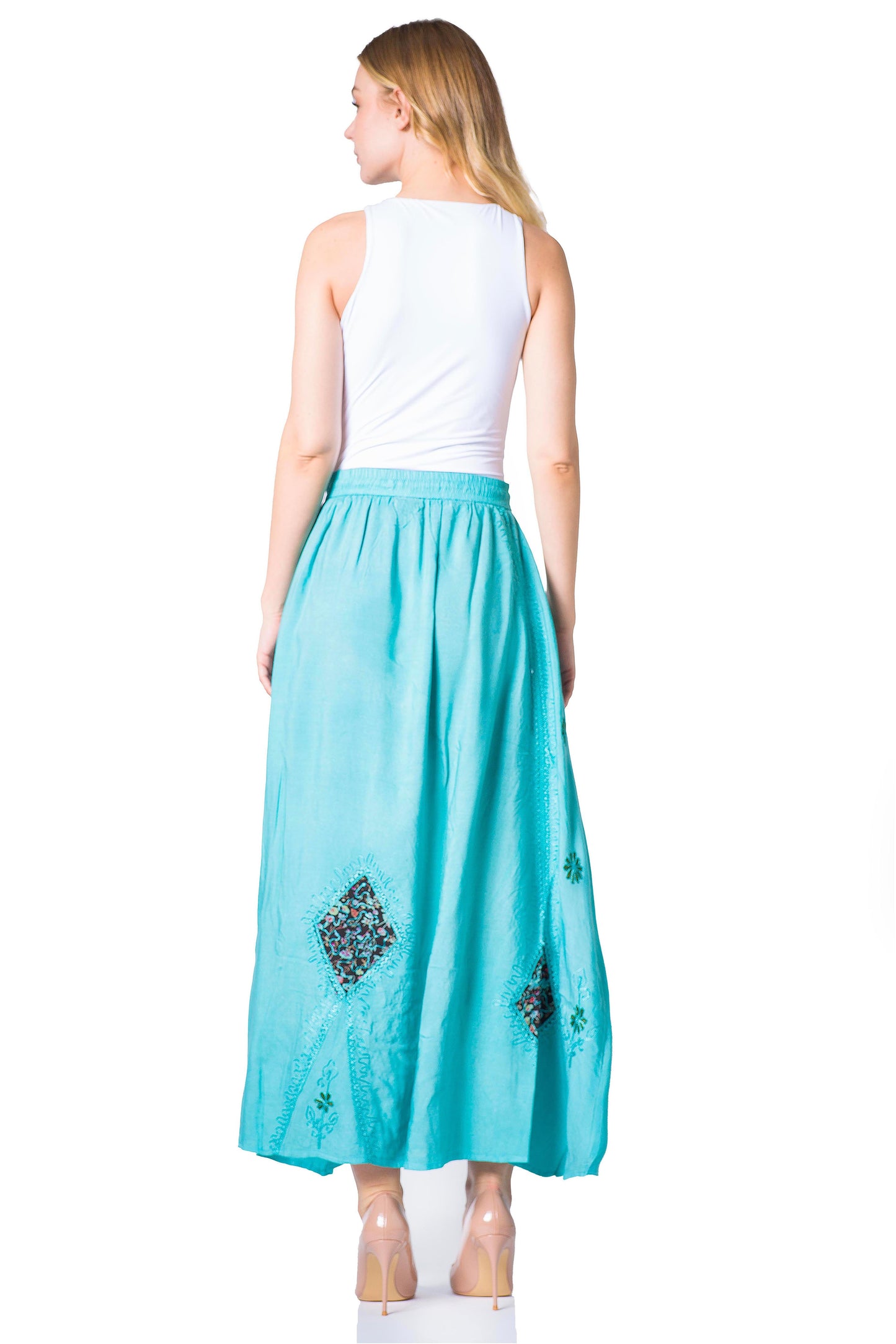 Sakkas Zarah Women's Boho Embroidery Gypsy Skirt with Lace Elastic Waist Pockets - Concordia Style Boutique