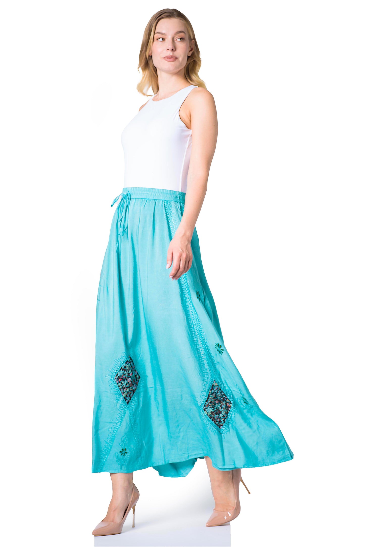 Sakkas Zarah Women's Boho Embroidery Gypsy Skirt with Lace Elastic Waist Pockets - Concordia Style Boutique