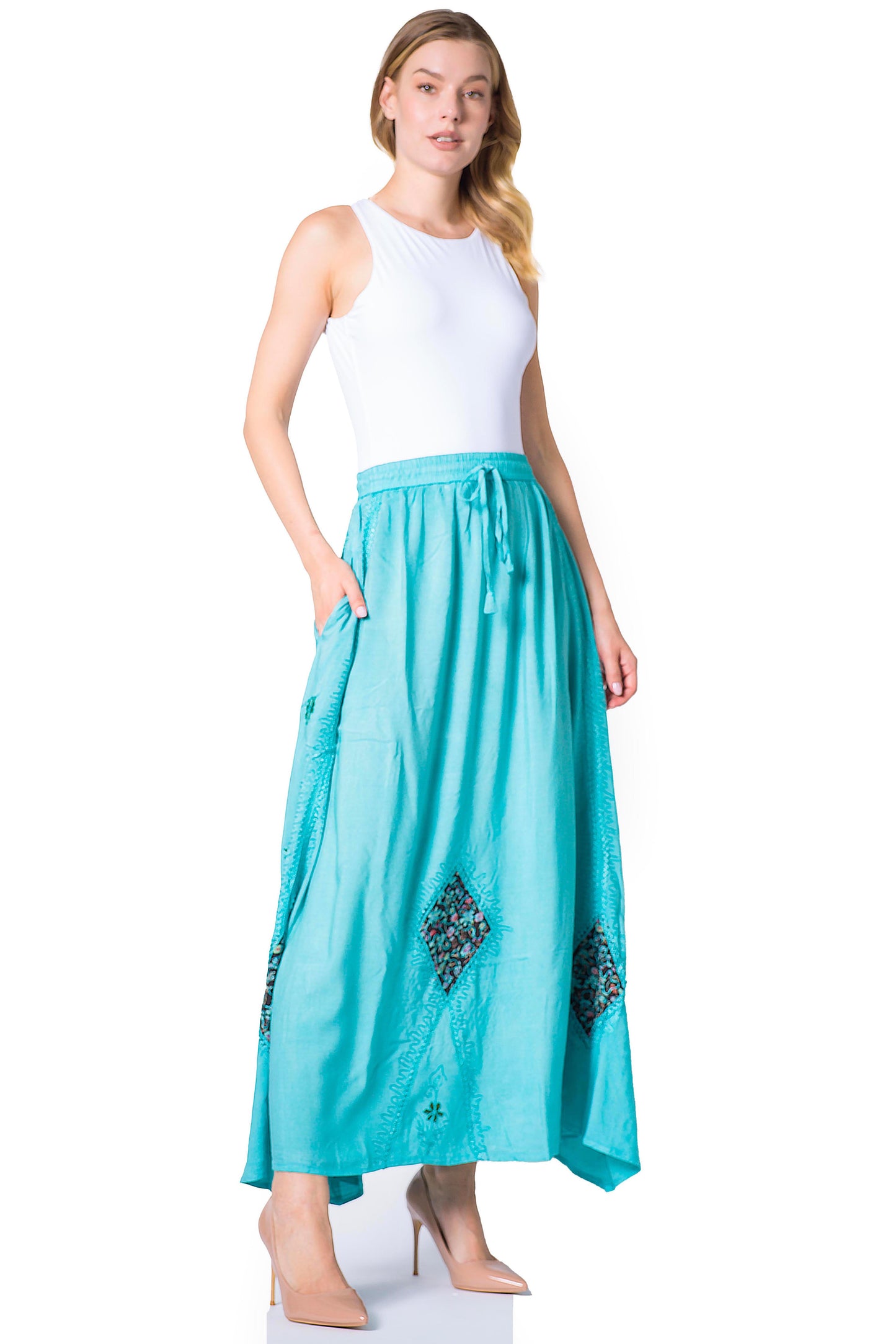 Sakkas Zarah Women's Boho Embroidery Gypsy Skirt with Lace Elastic Waist Pockets - Concordia Style Boutique