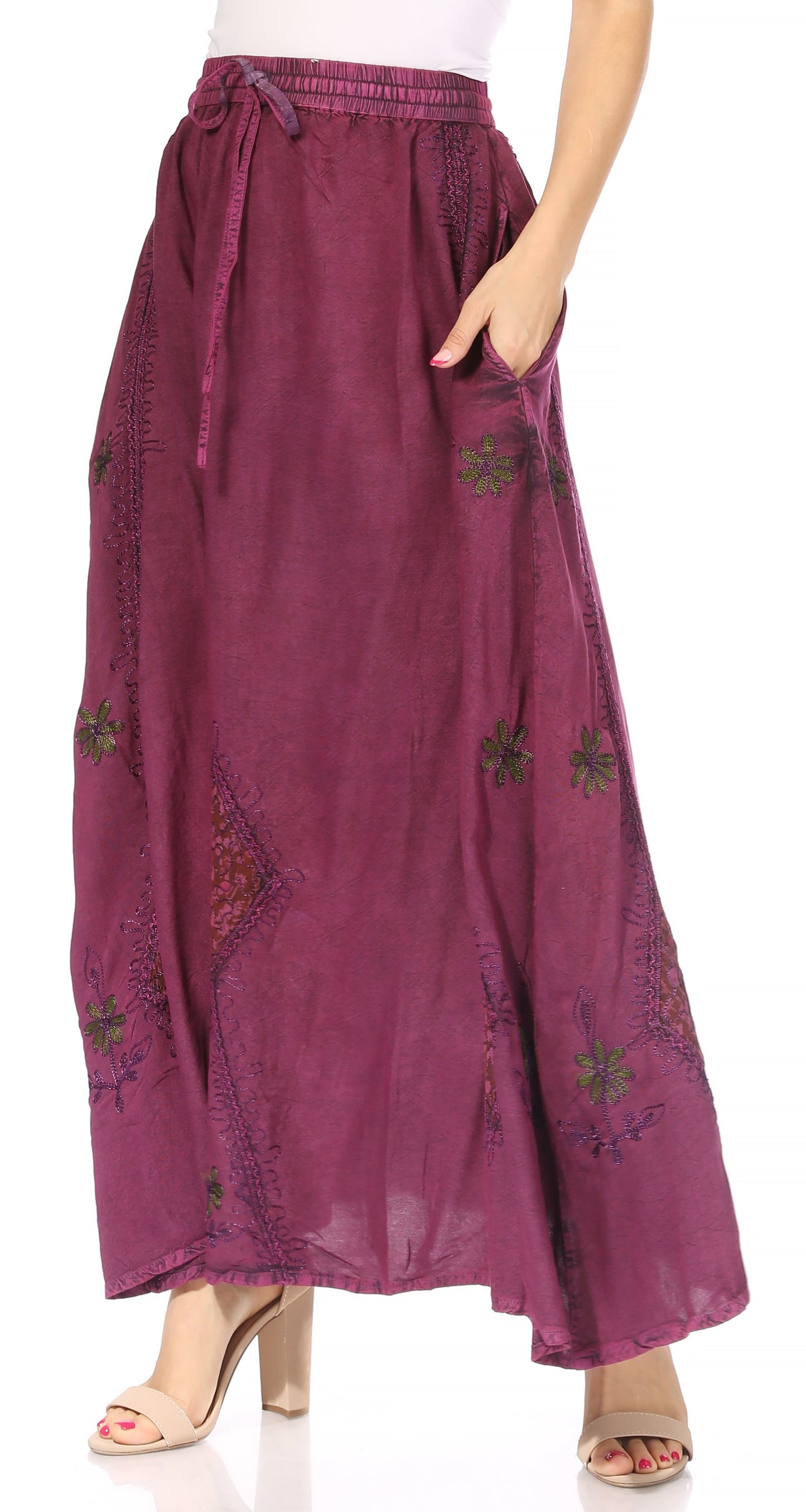 Sakkas Zarah Women's Boho Embroidery Gypsy Skirt with Lace Elastic Waist Pockets - Concordia Style Boutique