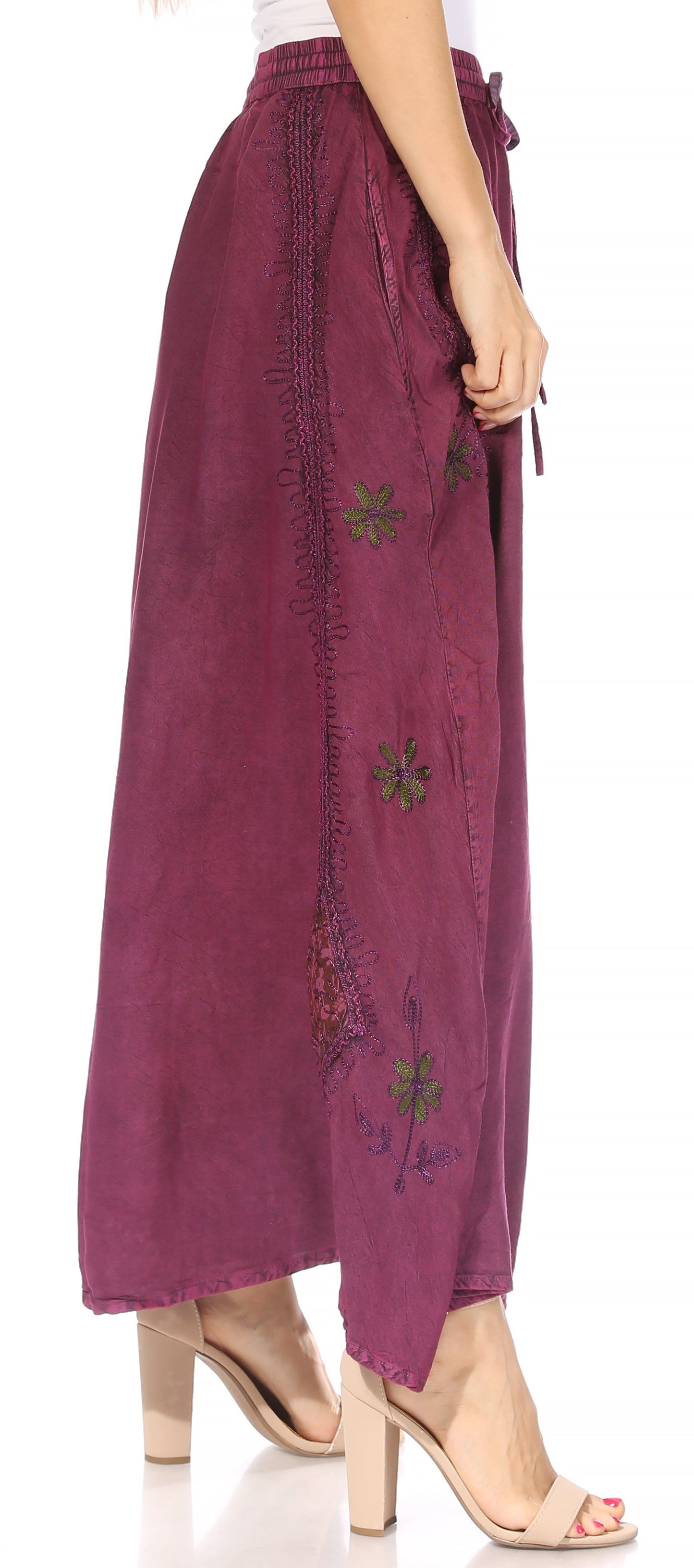 Sakkas Zarah Women's Boho Embroidery Gypsy Skirt with Lace Elastic Waist Pockets - Concordia Style Boutique
