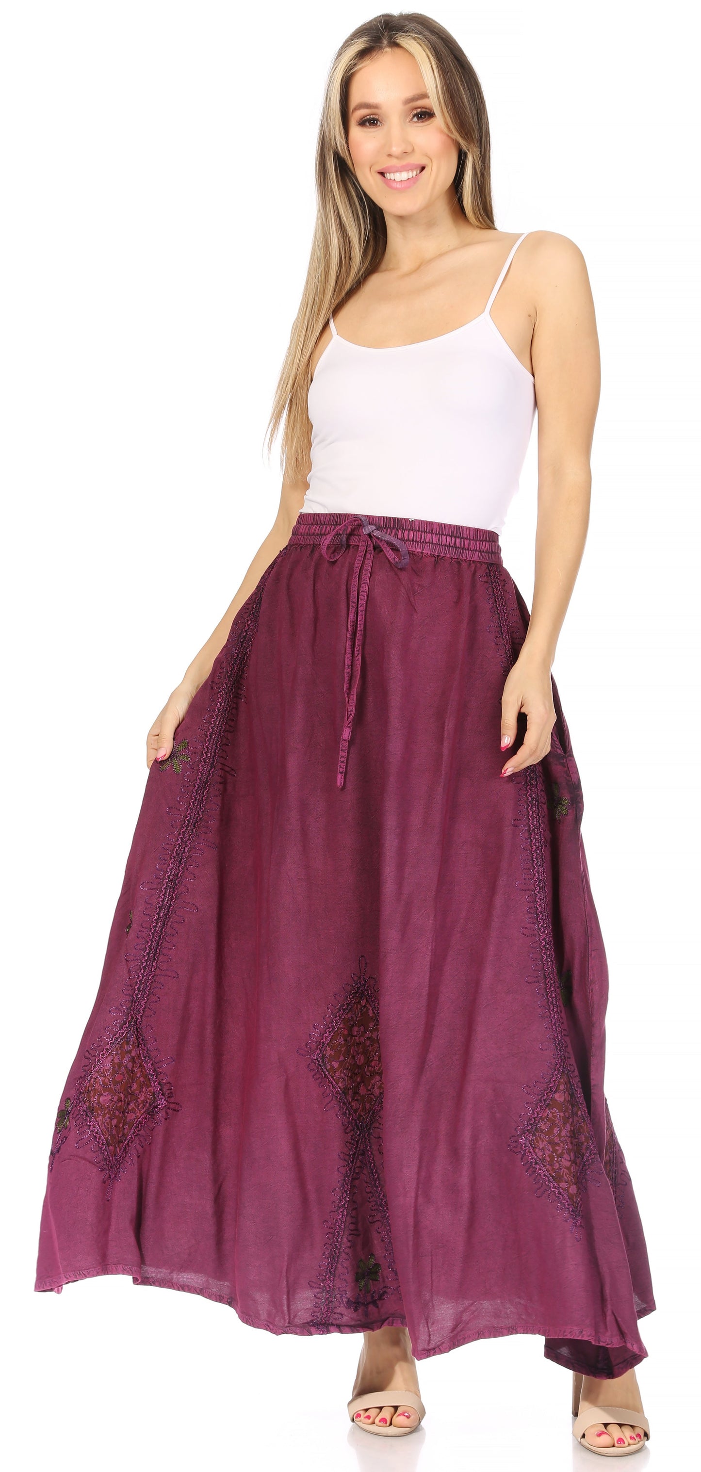 Sakkas Zarah Women's Boho Embroidery Gypsy Skirt with Lace Elastic Waist Pockets - Concordia Style Boutique