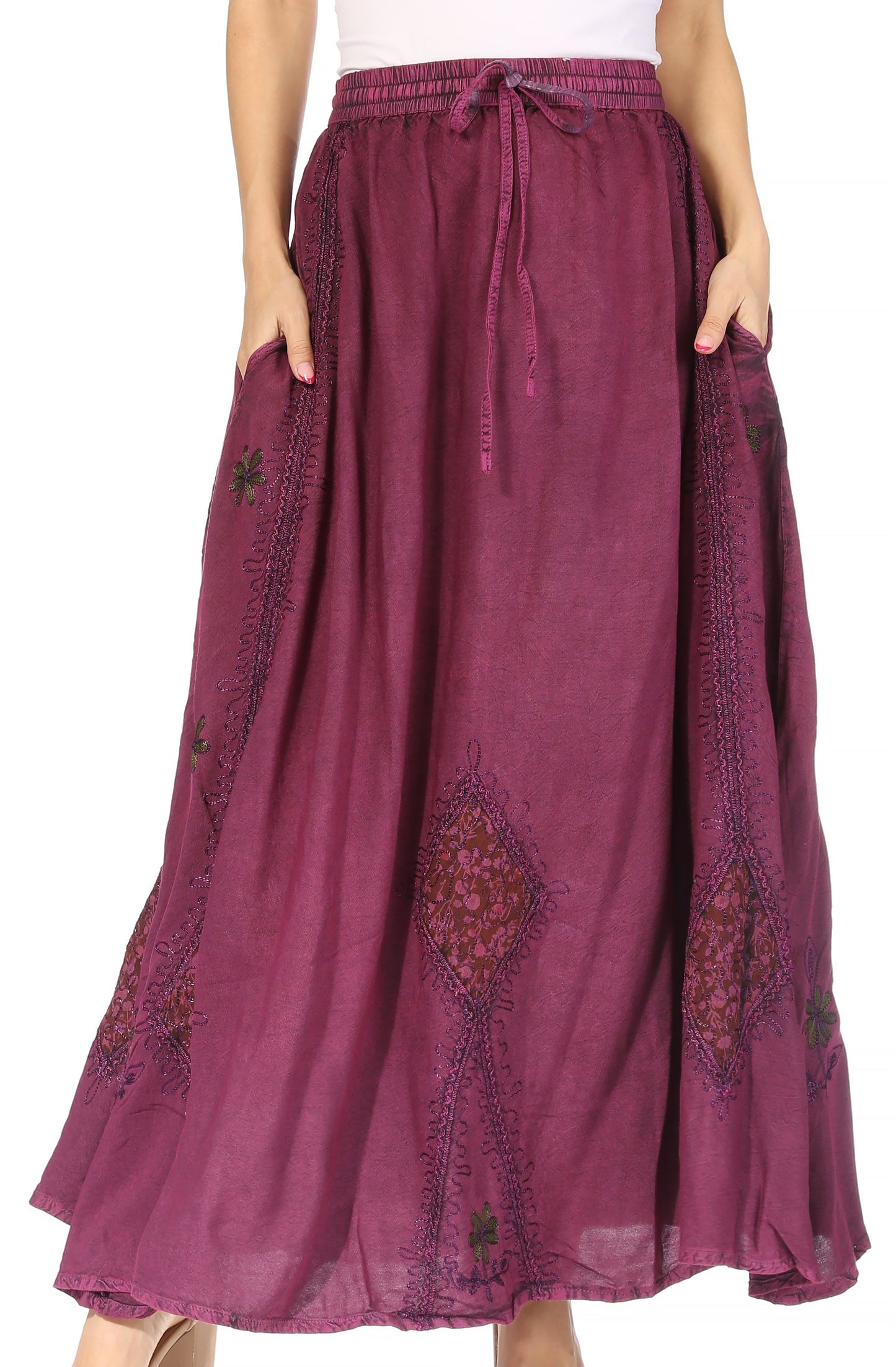 Sakkas Zarah Women's Boho Embroidery Gypsy Skirt with Lace Elastic Waist Pockets - Concordia Style Boutique