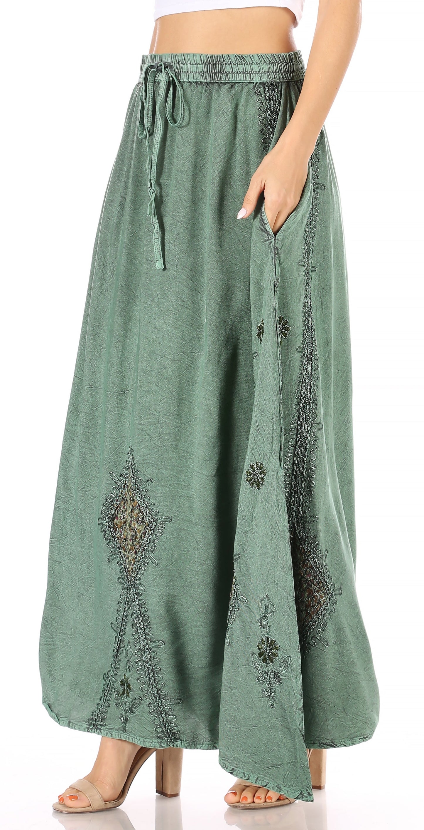 Sakkas Zarah Women's Boho Embroidery Gypsy Skirt with Lace Elastic Waist Pockets - Concordia Style Boutique