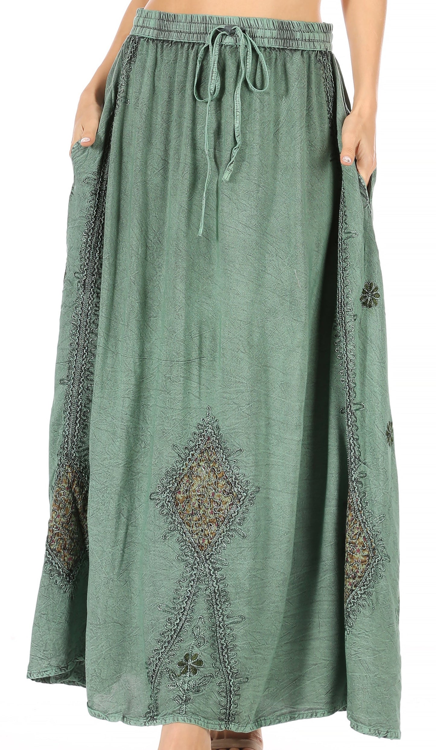 Sakkas Zarah Women's Boho Embroidery Gypsy Skirt with Lace Elastic Waist Pockets - Concordia Style Boutique