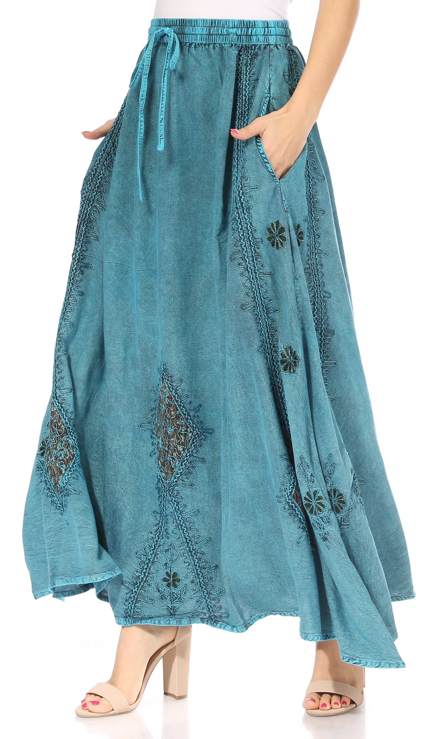 Sakkas Zarah Women's Boho Embroidery Gypsy Skirt with Lace Elastic Waist Pockets - Concordia Style Boutique