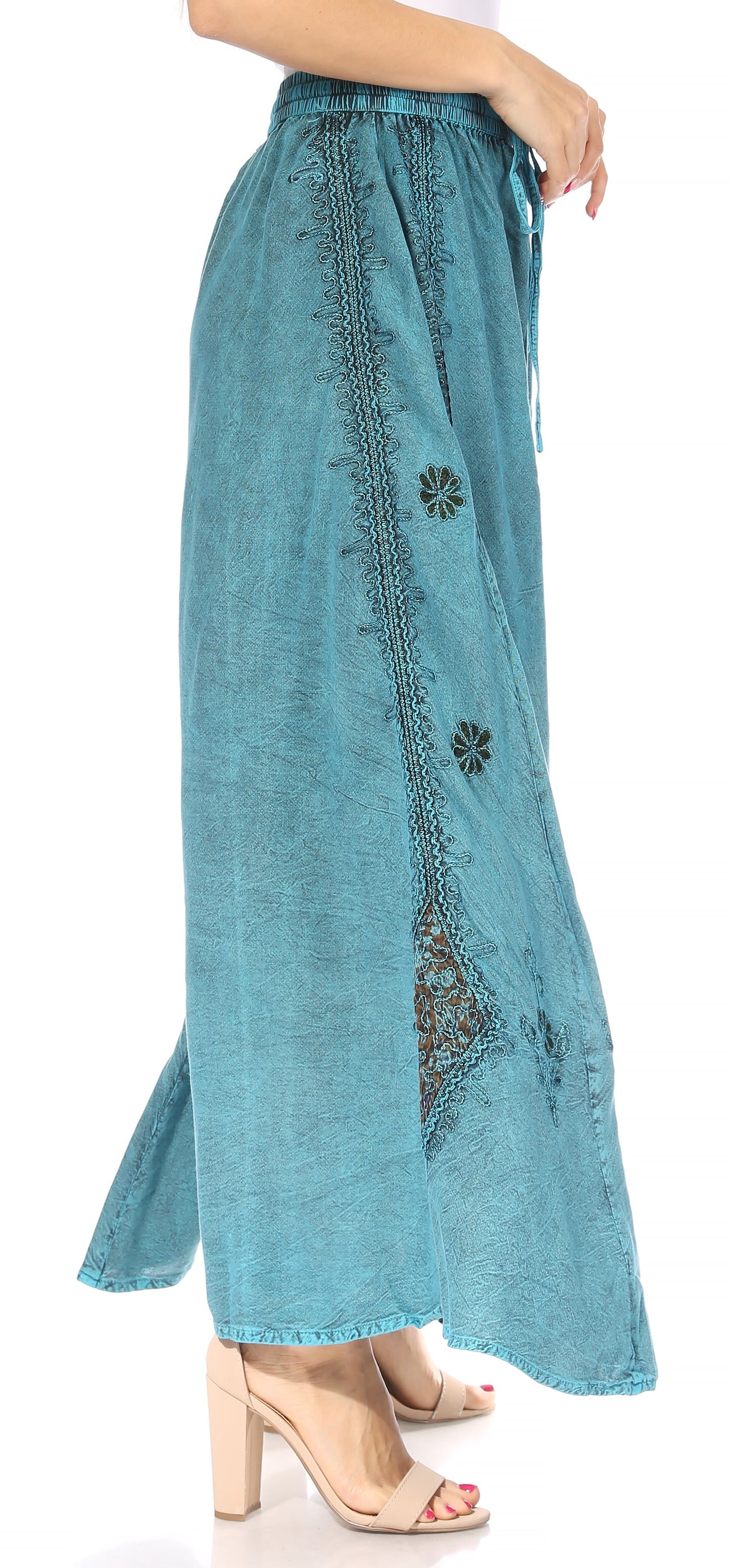 Sakkas Zarah Women's Boho Embroidery Gypsy Skirt with Lace Elastic Waist Pockets - Concordia Style Boutique