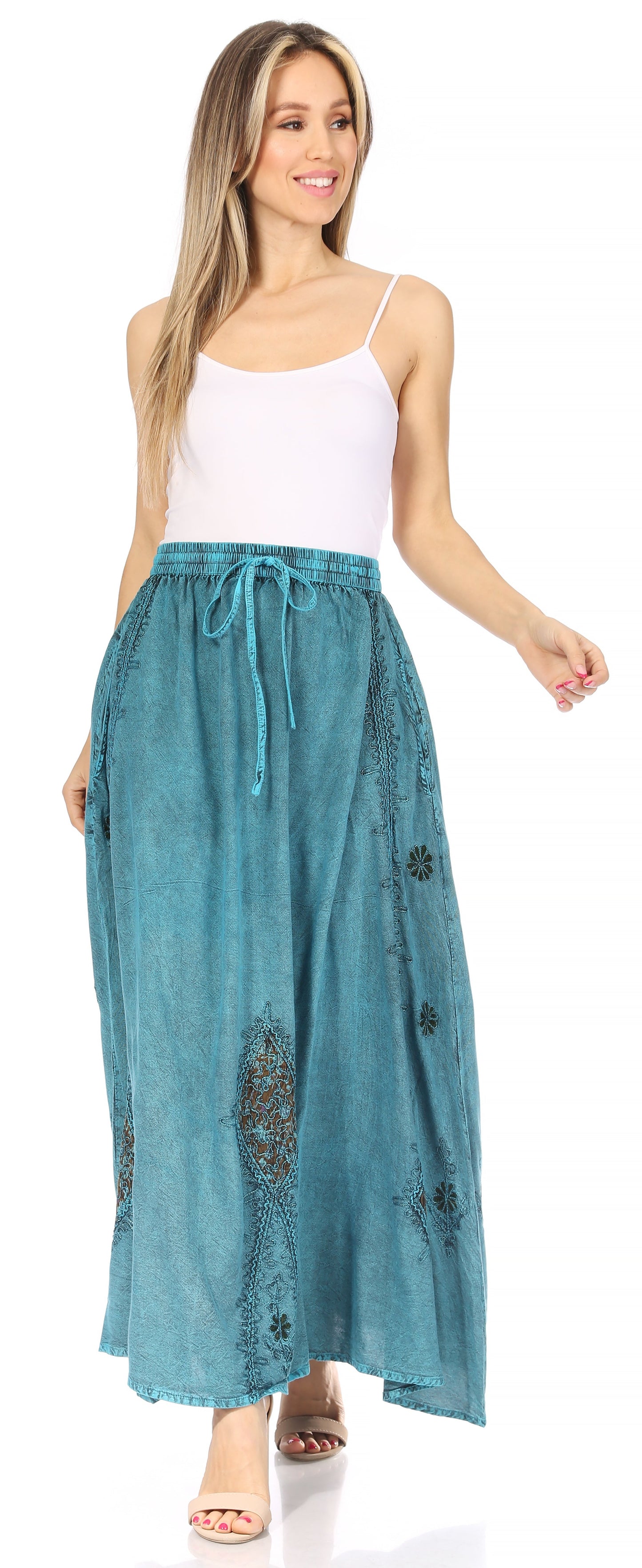 Sakkas Zarah Women's Boho Embroidery Gypsy Skirt with Lace Elastic Waist Pockets - Concordia Style Boutique