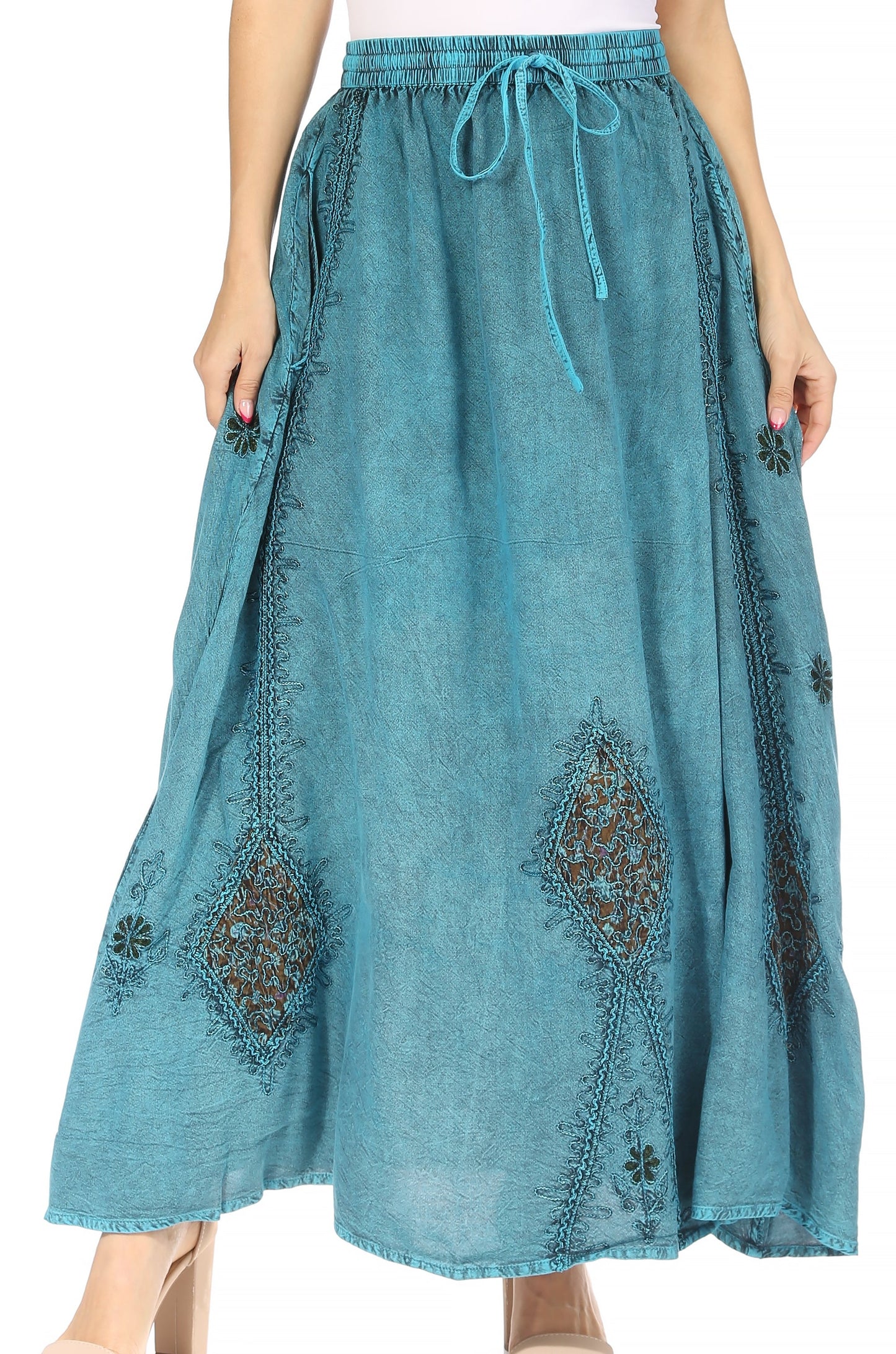 Sakkas Zarah Women's Boho Embroidery Gypsy Skirt with Lace Elastic Waist Pockets - Concordia Style Boutique