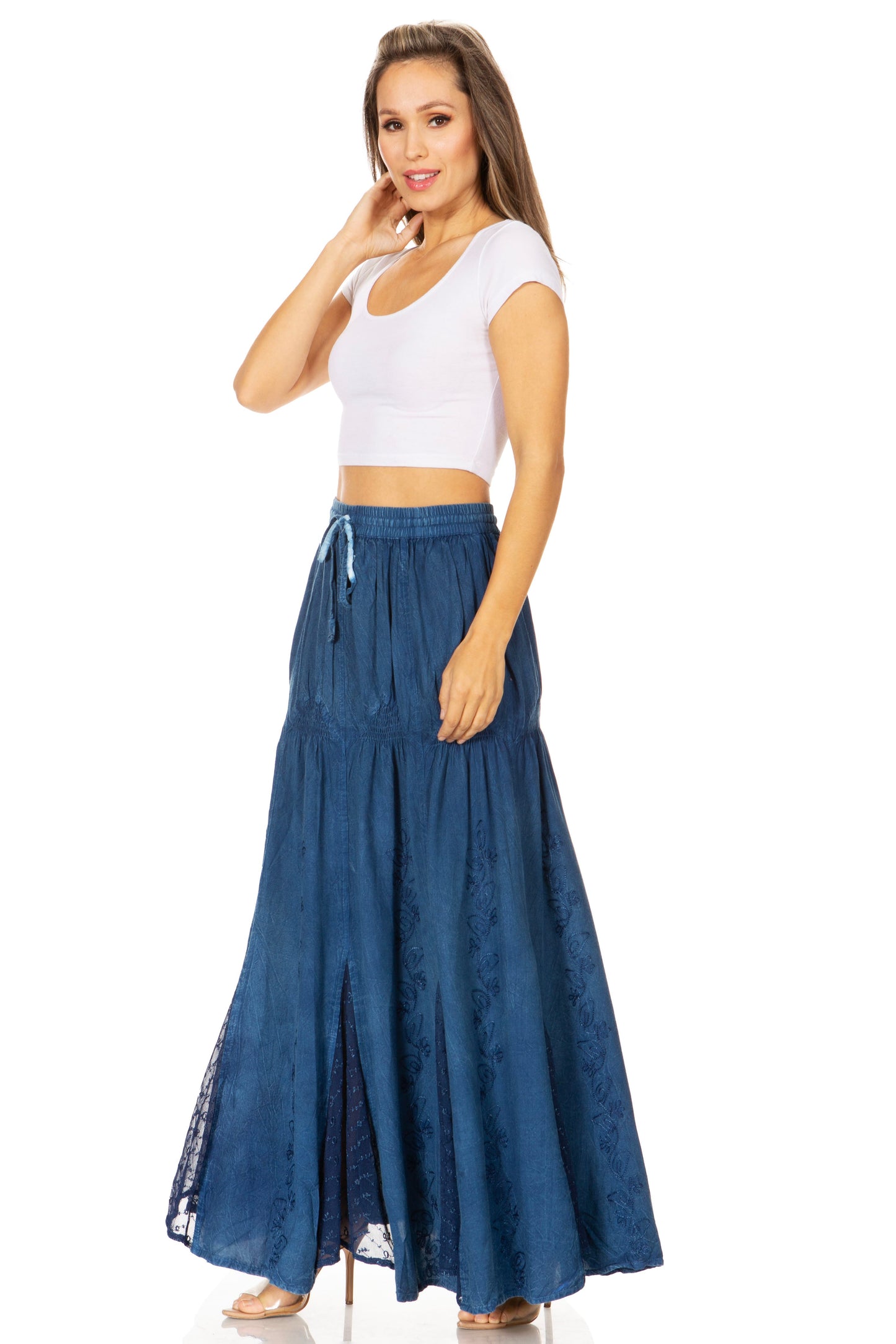 Sakkas Olivia Womens Maxi Bohemian Gypsy Long Skirt With Elastic Waist and Lace - Concordia Style Boutique