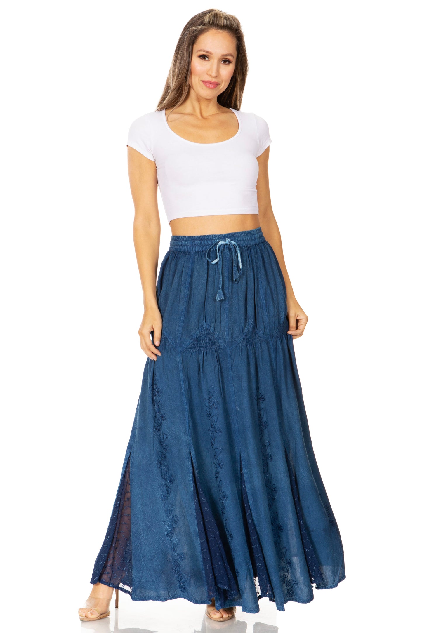Sakkas Olivia Womens Maxi Bohemian Gypsy Long Skirt With Elastic Waist and Lace - Concordia Style Boutique