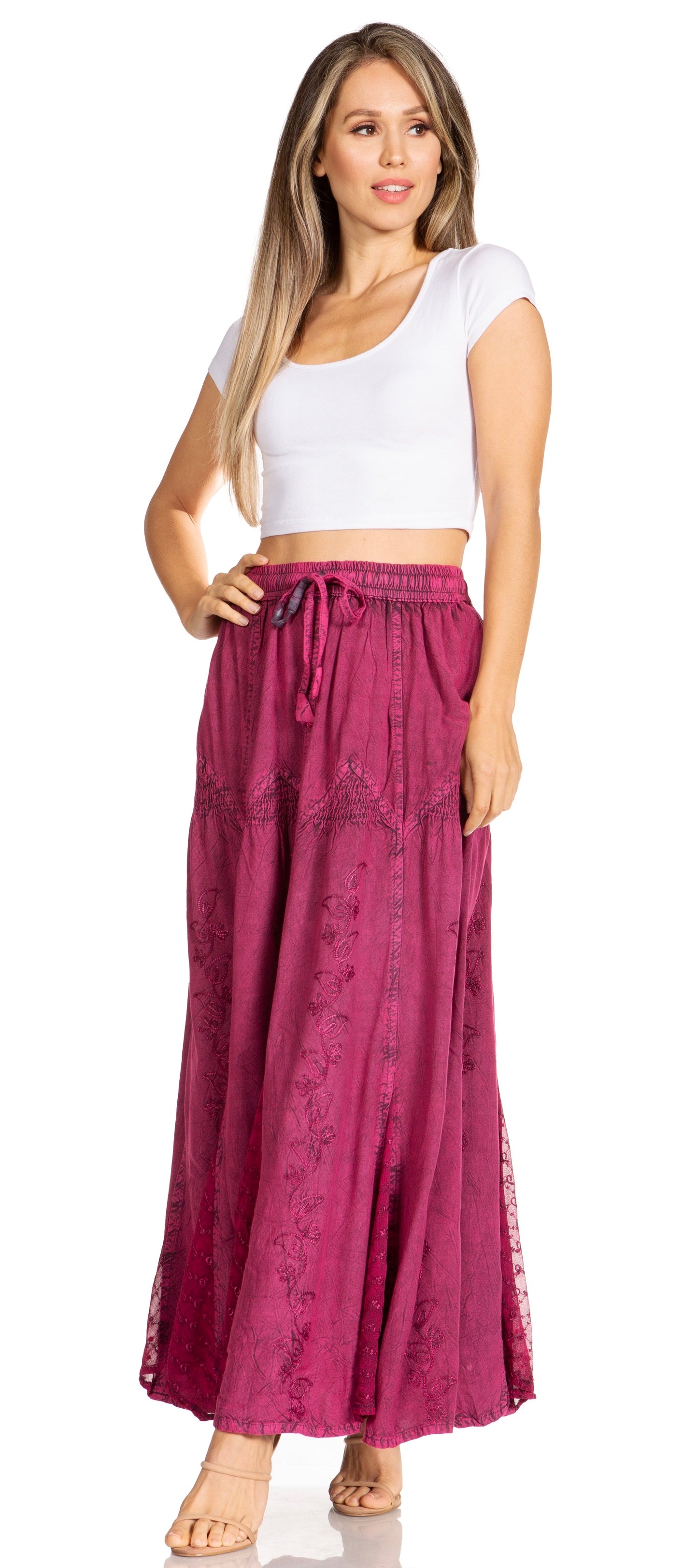 Sakkas Olivia Womens Maxi Bohemian Gypsy Long Skirt With Elastic Waist and Lace - Concordia Style Boutique