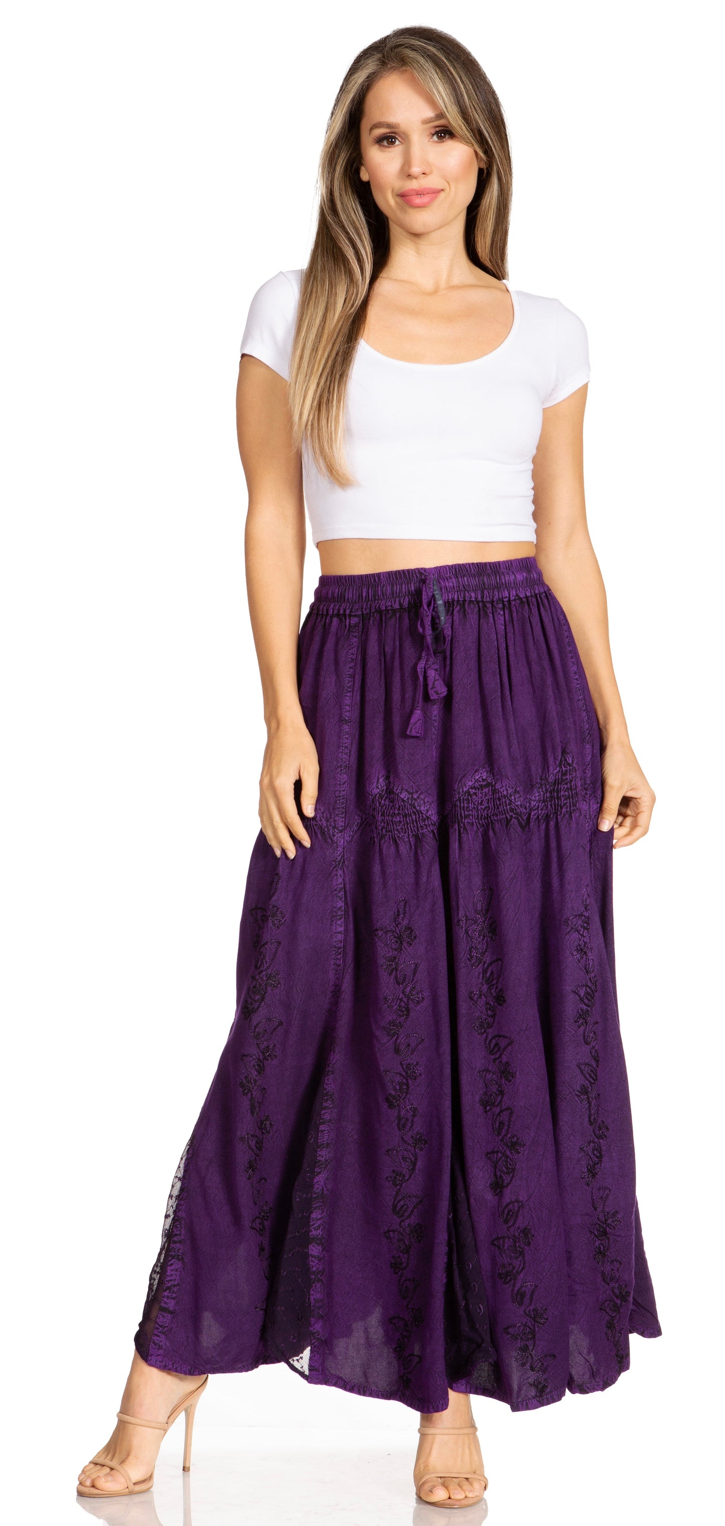 Sakkas Olivia Womens Maxi Bohemian Gypsy Long Skirt With Elastic Waist and Lace - Concordia Style Boutique