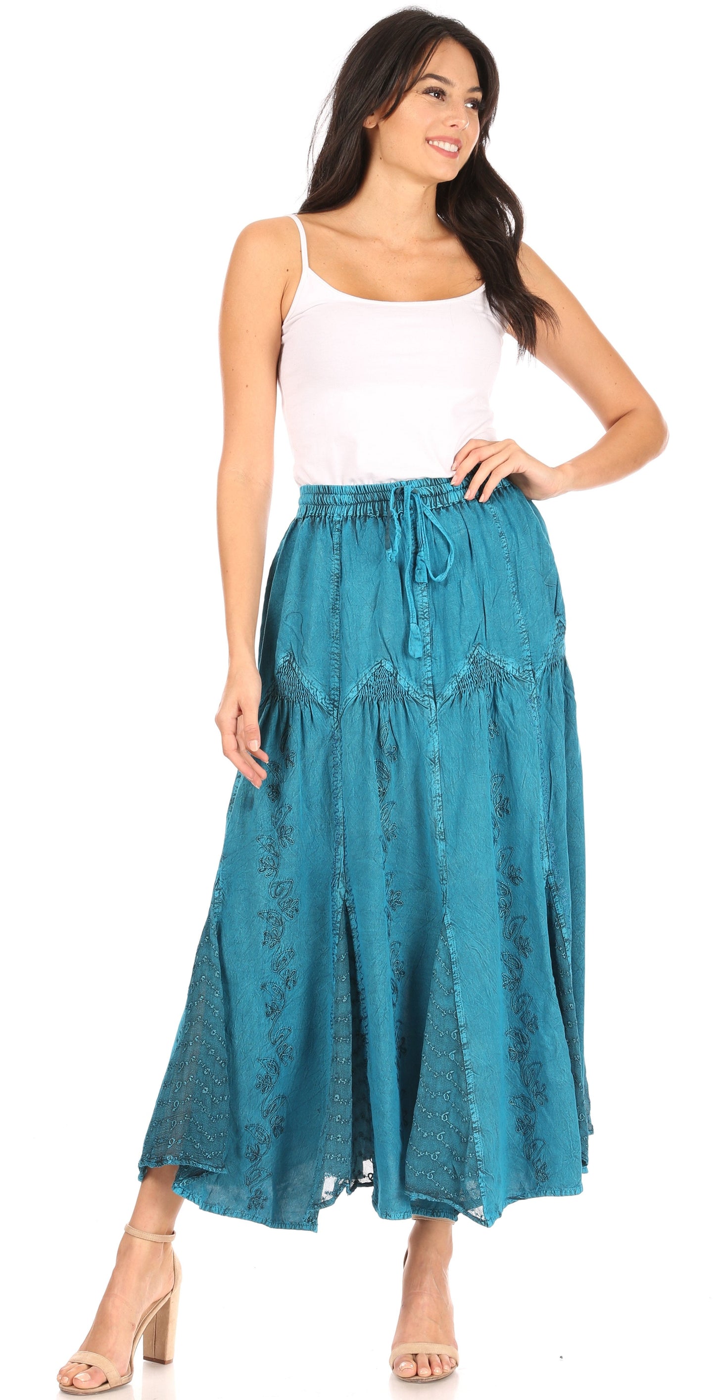 Sakkas Olivia Womens Maxi Bohemian Gypsy Long Skirt With Elastic Waist and Lace - Concordia Style Boutique