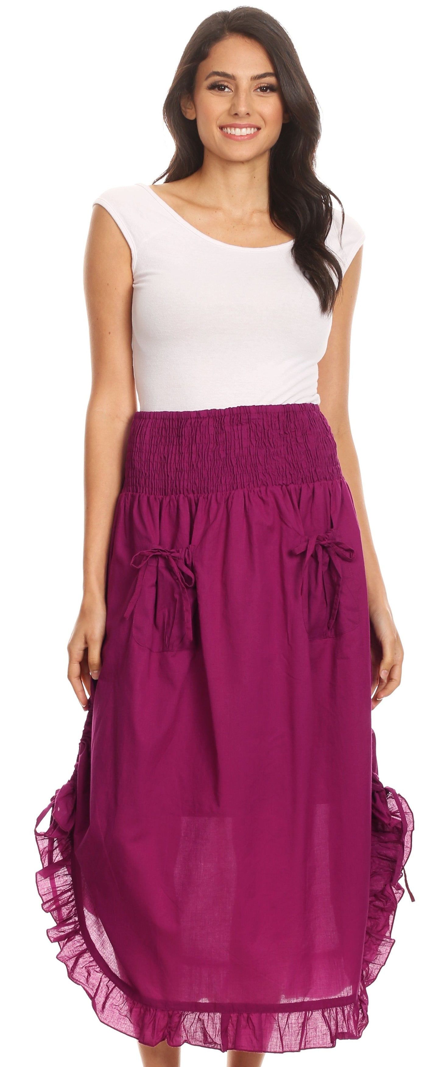 Sakkas Coco Long Cotton Ruffle Skirt with Pockets and Elastic Waistband - Concordia Style Boutique