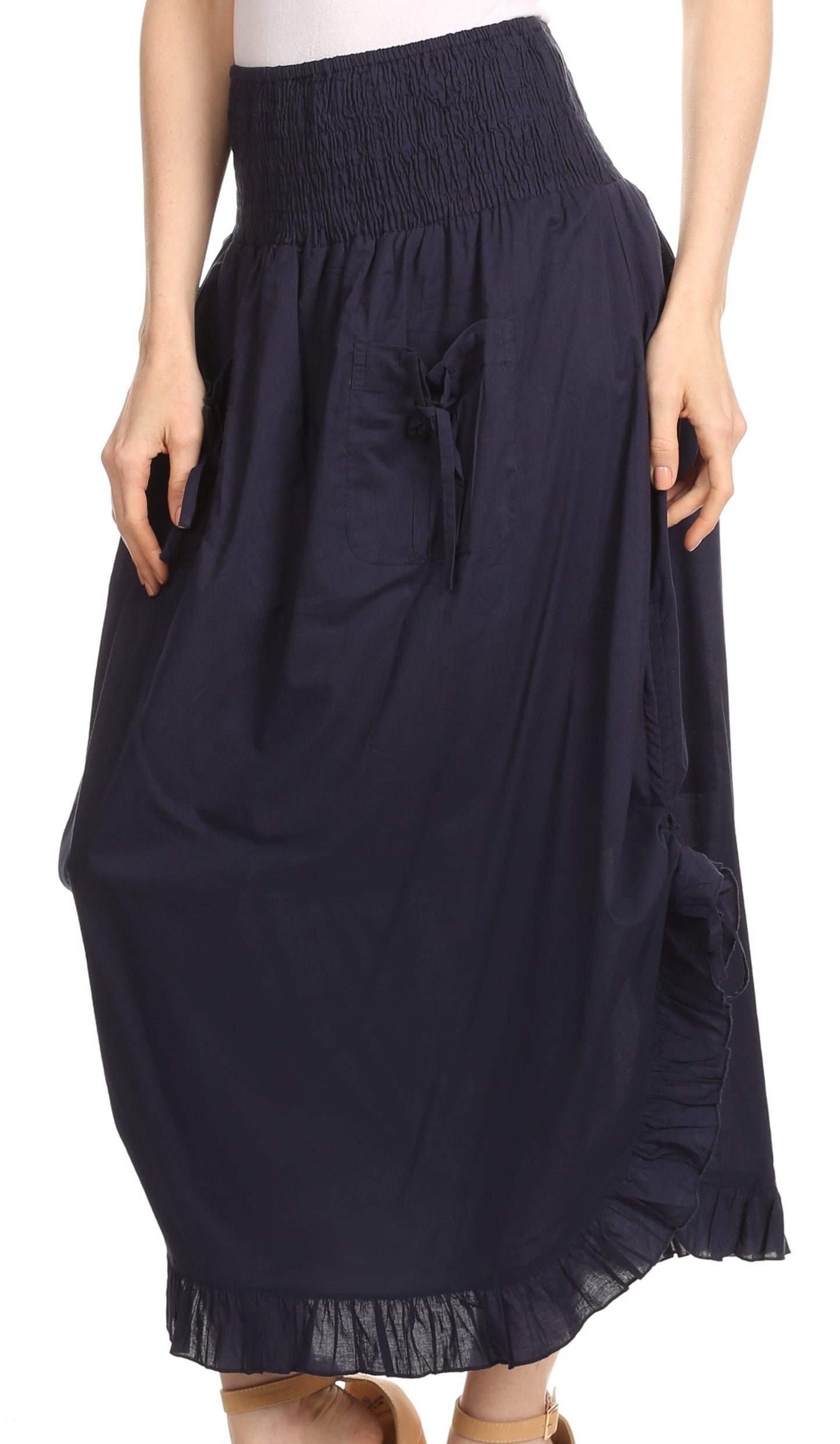 Sakkas Coco Long Cotton Ruffle Skirt with Pockets and Elastic Waistband - Concordia Style Boutique