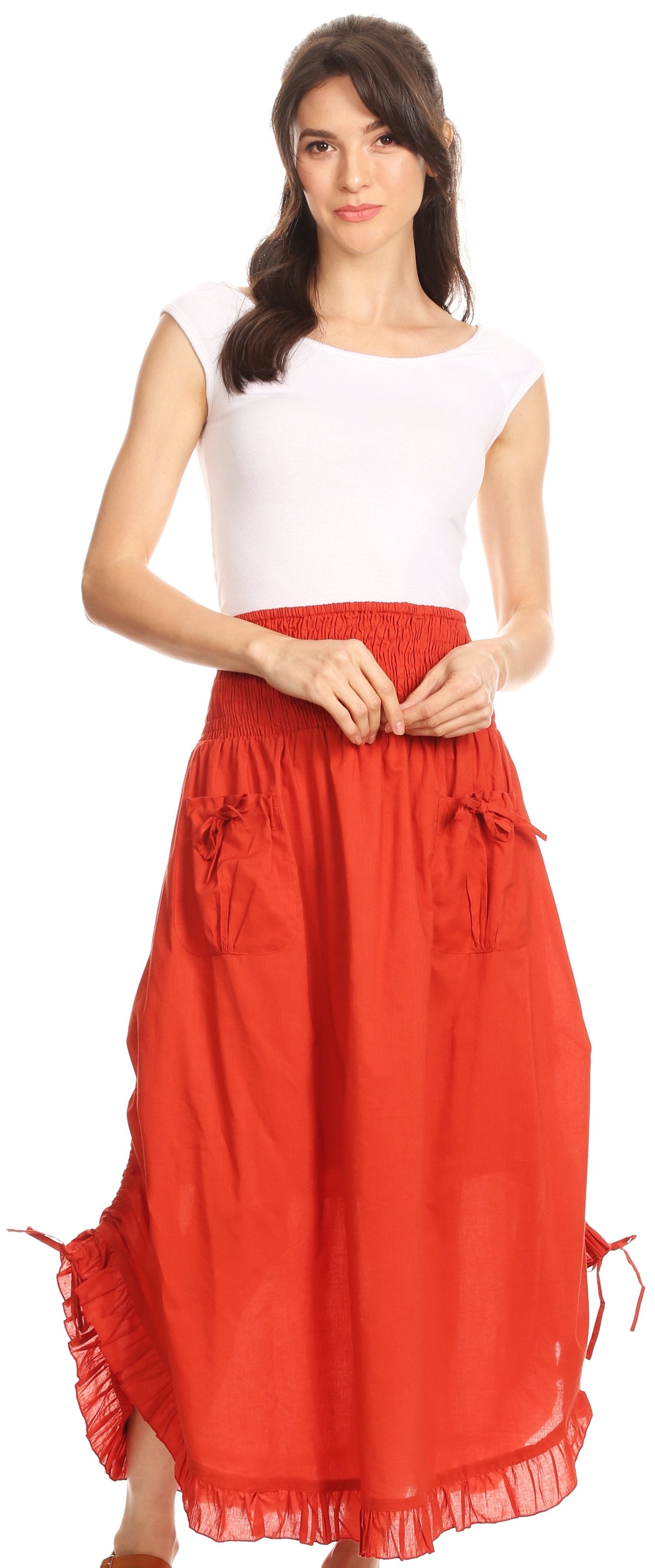 Sakkas Coco Long Cotton Ruffle Skirt with Pockets and Elastic Waistband - Concordia Style Boutique