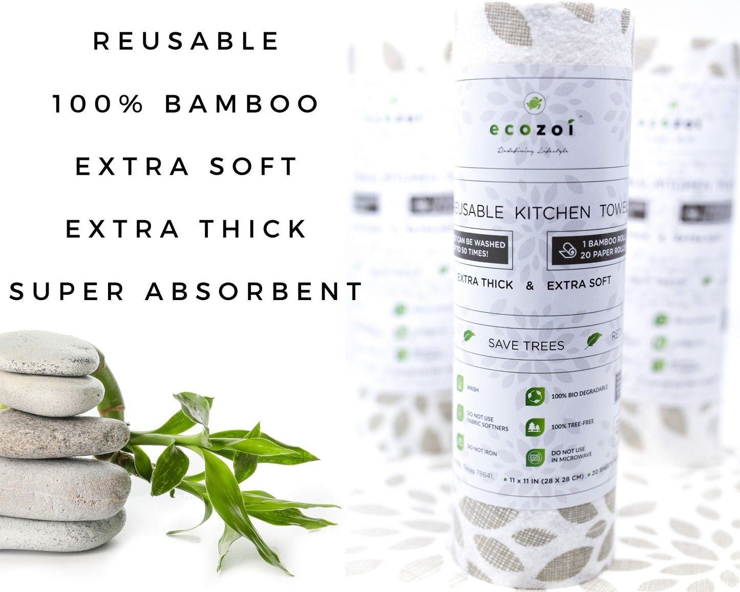 Bamboo Kitchen Paper Towels, Reusable Tree-Free Rolls with Design, 4 Pack - Concordia Style Boutique